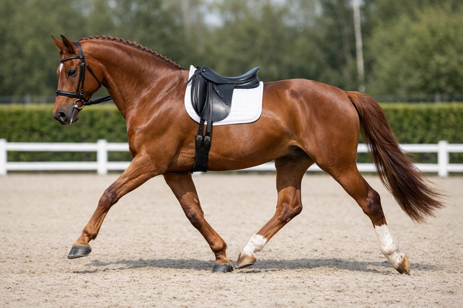 Chestnut performance horse showing healthy spinal alignment and movement during a trot in an arena.