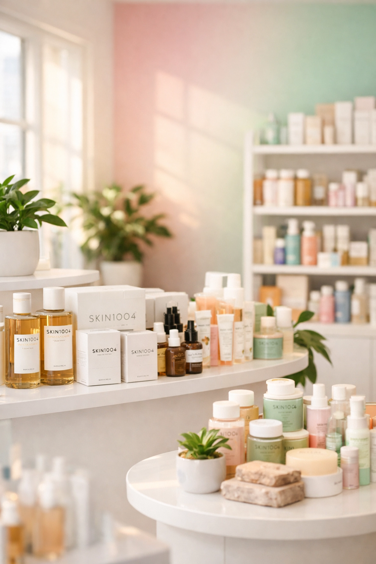 Modern beauty store interior displaying SKIN1004 and Korean skincare wholesale products