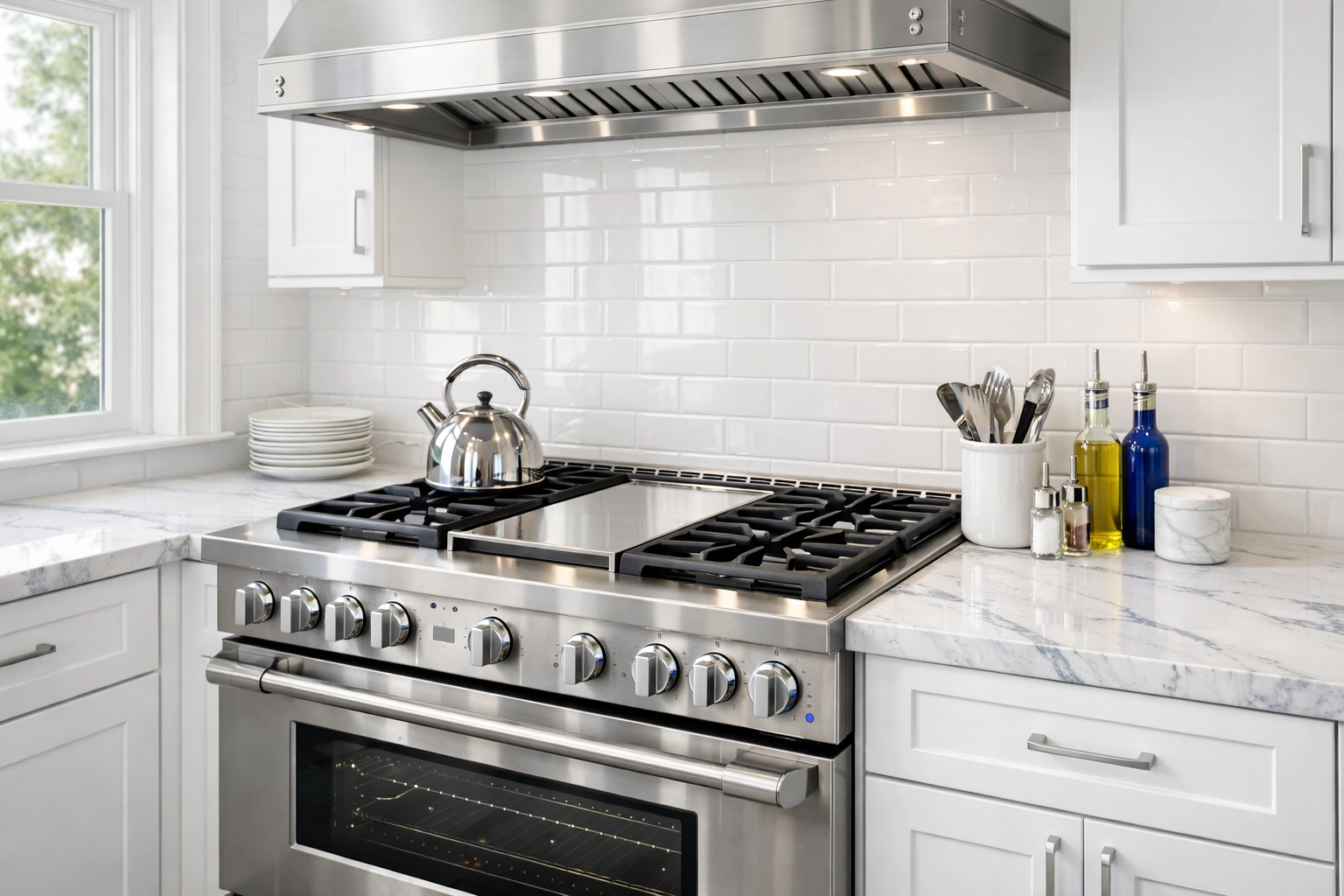 Deep cleaned stainless steel stove and marble kitchen counters in a Boston apartment.