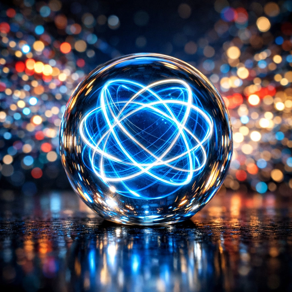 Structured data patterns inside a clear orb representing accurate international PPC tracking and AI.