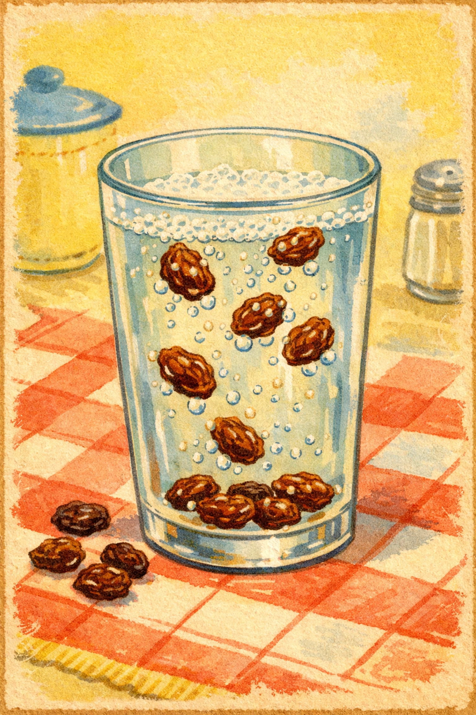 Raisins dancing in carbonated soda at different heights with bubbles attached