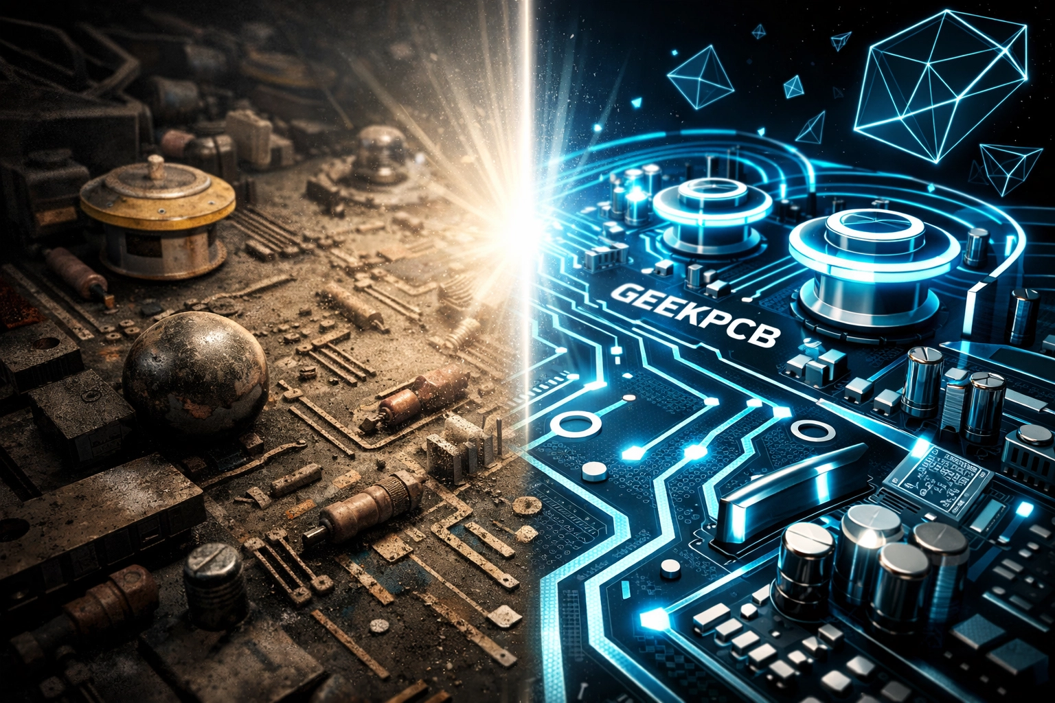 Comparison of a dusty vintage pinball PCB transitioning into a modern, high-quality reproduction board.