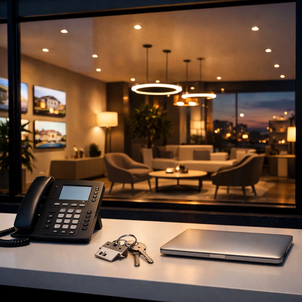 Modern UK estate agency office desk with phone and keys, highlighting 24/7 AI receptionist availability.