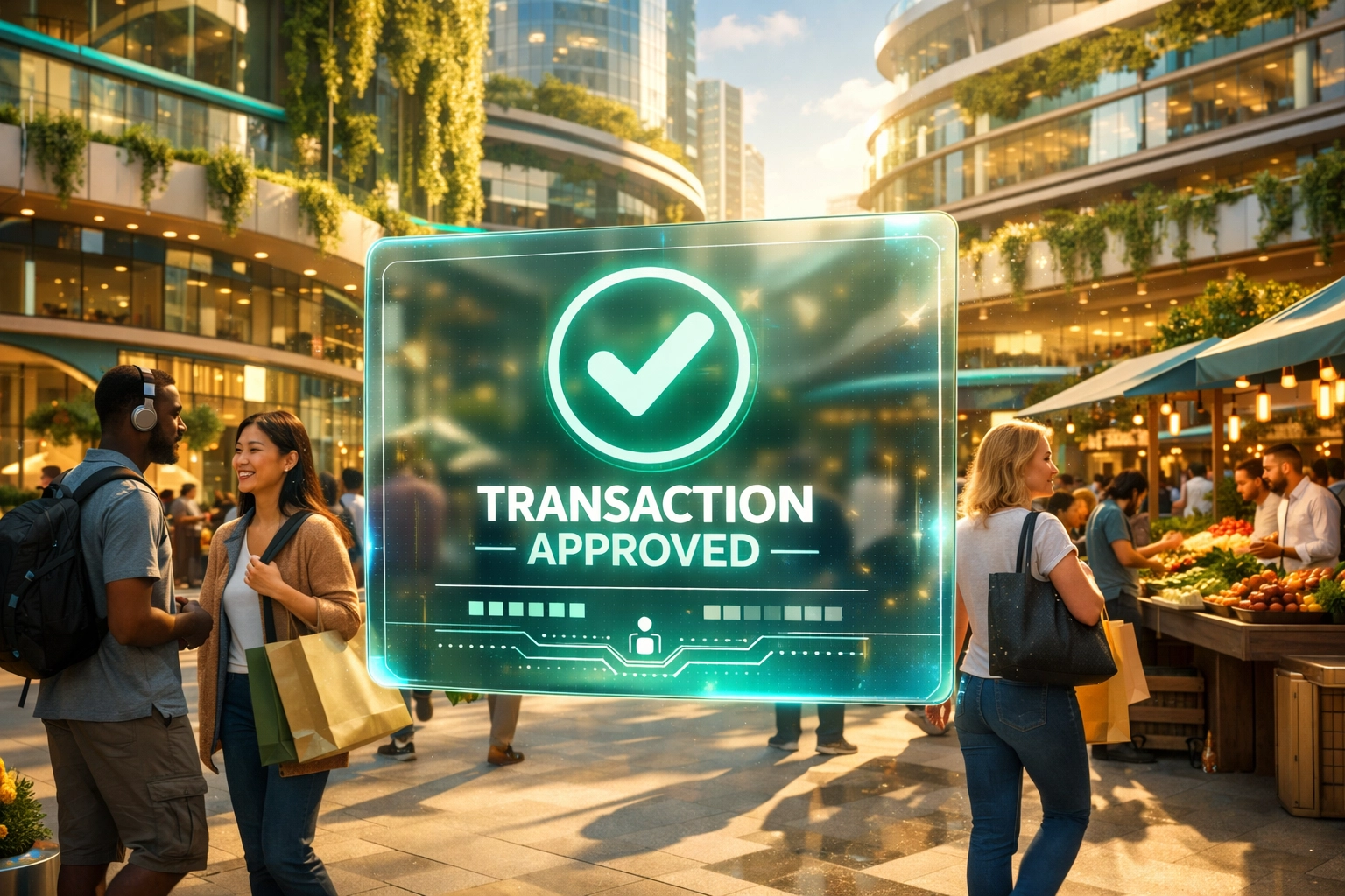 Global Web3 shopping plaza featuring fee-free Larecoin transactions and digital payments.