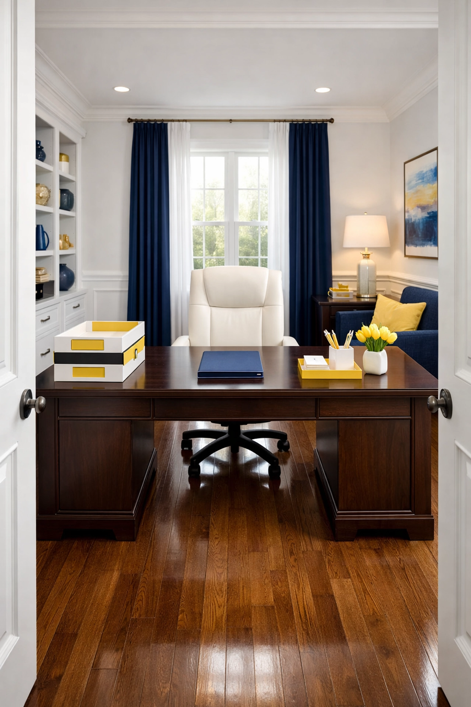 Professionally cleaned luxury home office in Lunenburg with organized desk and spotless hardwood floors.