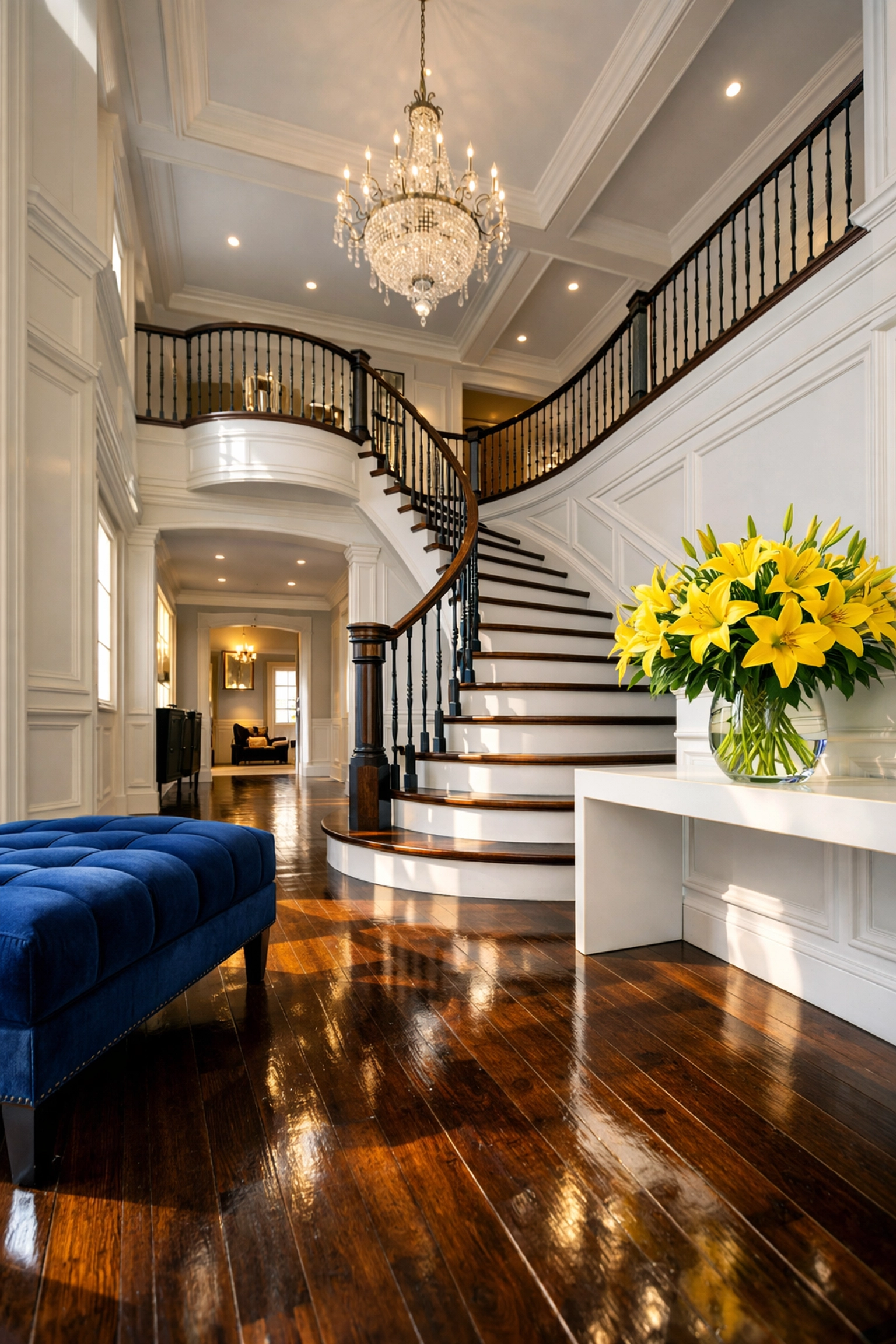 Polished hardwood floors in a luxury Dover foyer following deep residential cleaning Massachusetts.