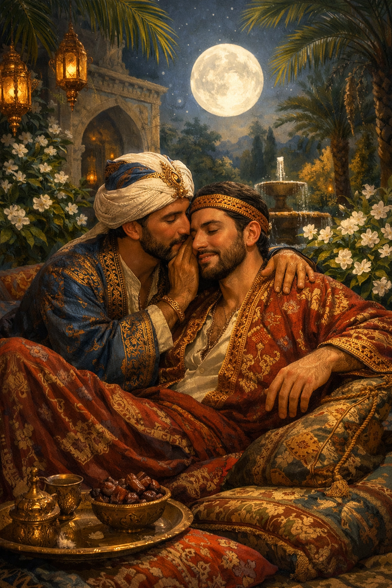 Two men sharing a private moment in a moonlit Abbasid garden, illustrating the roots of gay love stories.