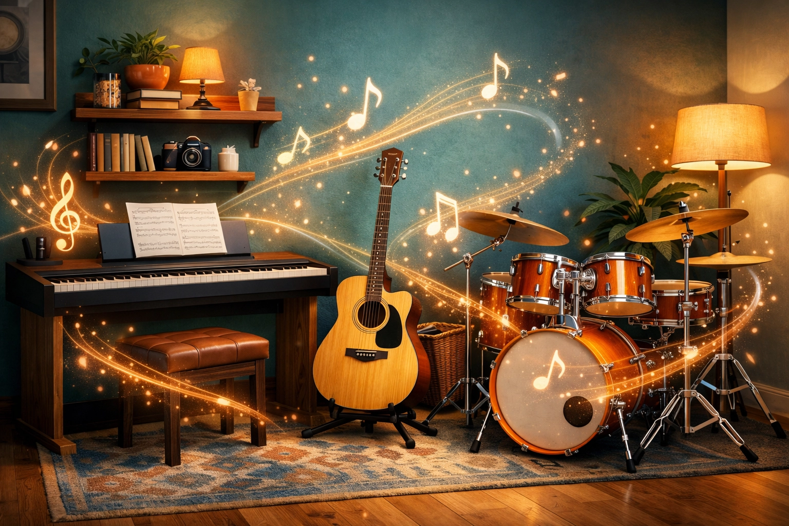 Organized home music studio featuring a piano, guitar, and drums for private music lessons.