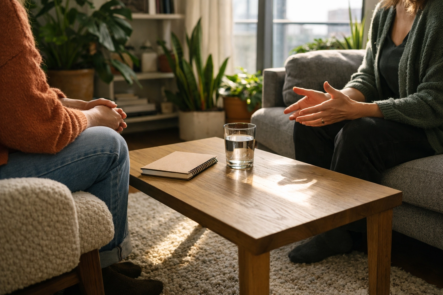 A supportive interview for Toronto postpartum care services in a bright, modern living room setting.