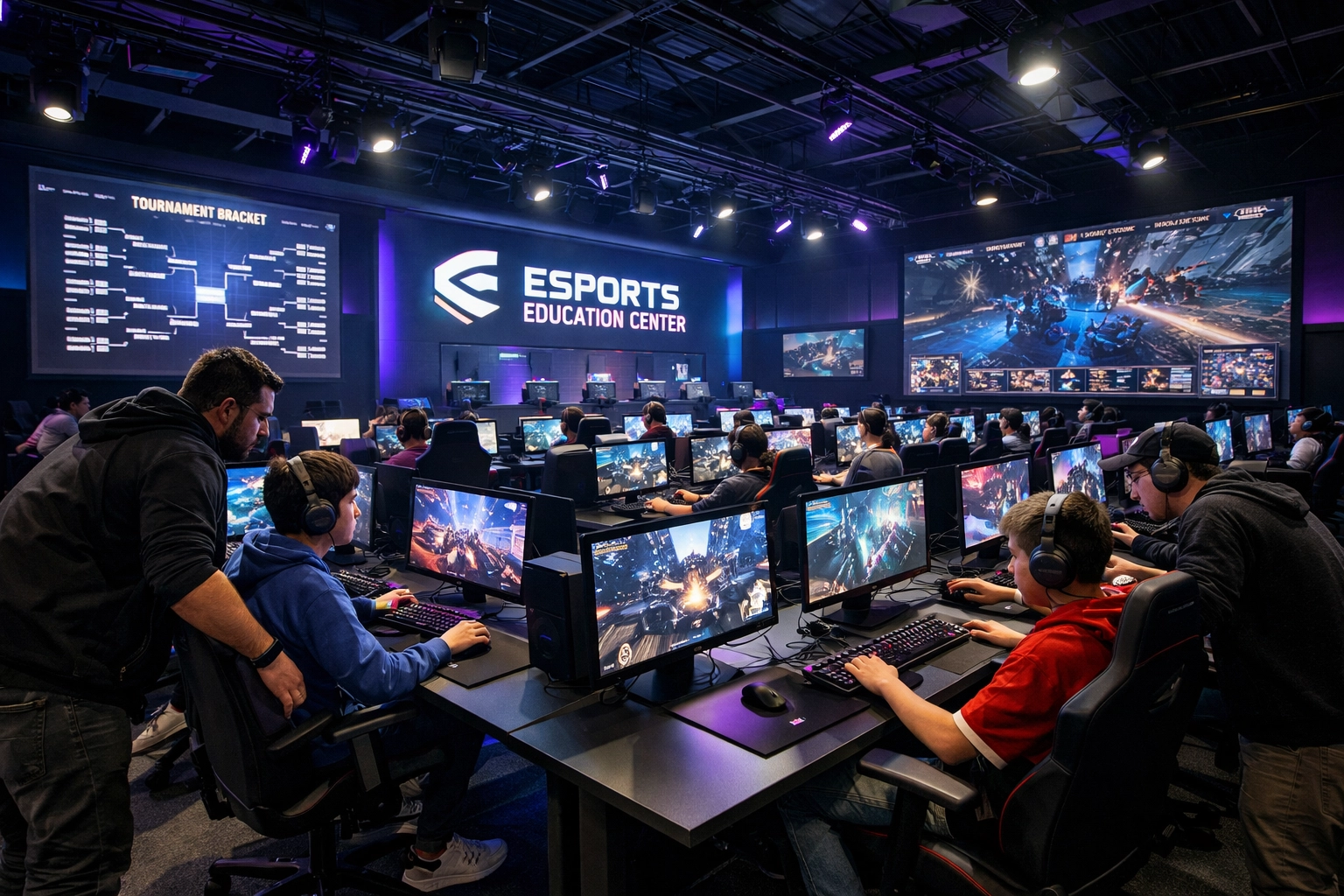 Students competing in modern esports education center with gaming stations and coaching mentors