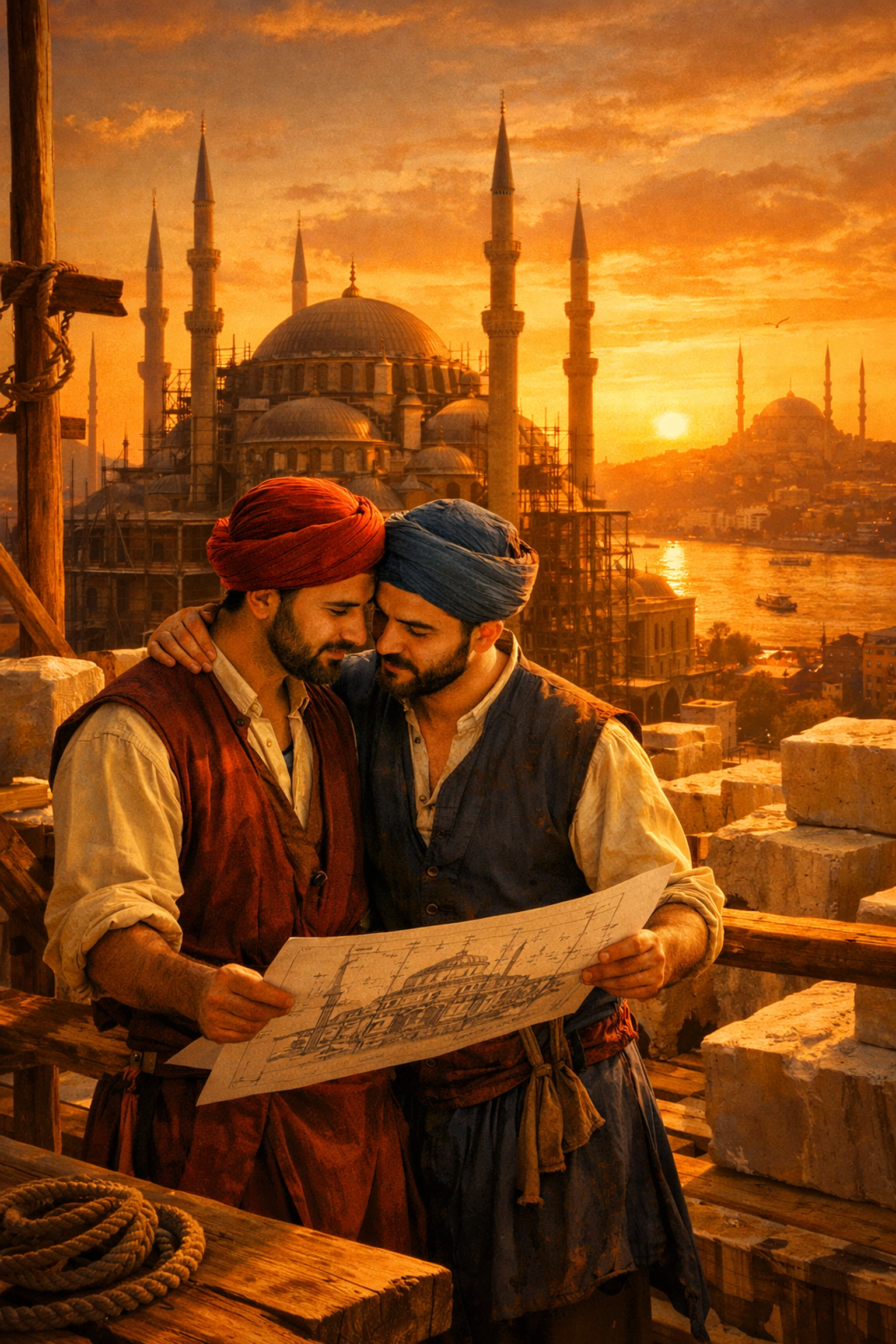 Two gay Ottoman craftsmen share intimate moment on scaffolding in historical Istanbul construction scene