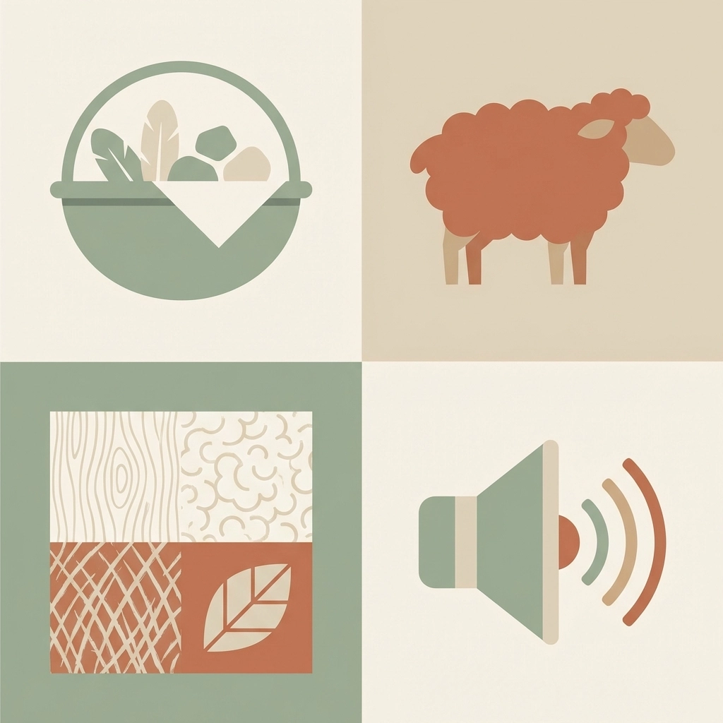 Icons represent four farm scavenger hunt stations: collection basket, sheep, texture squares, and sound speaker.