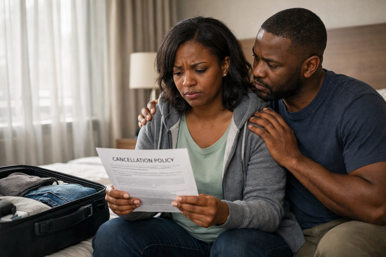 Couple reviewing travel cancellation policy documents on hotel bed before romantic trip