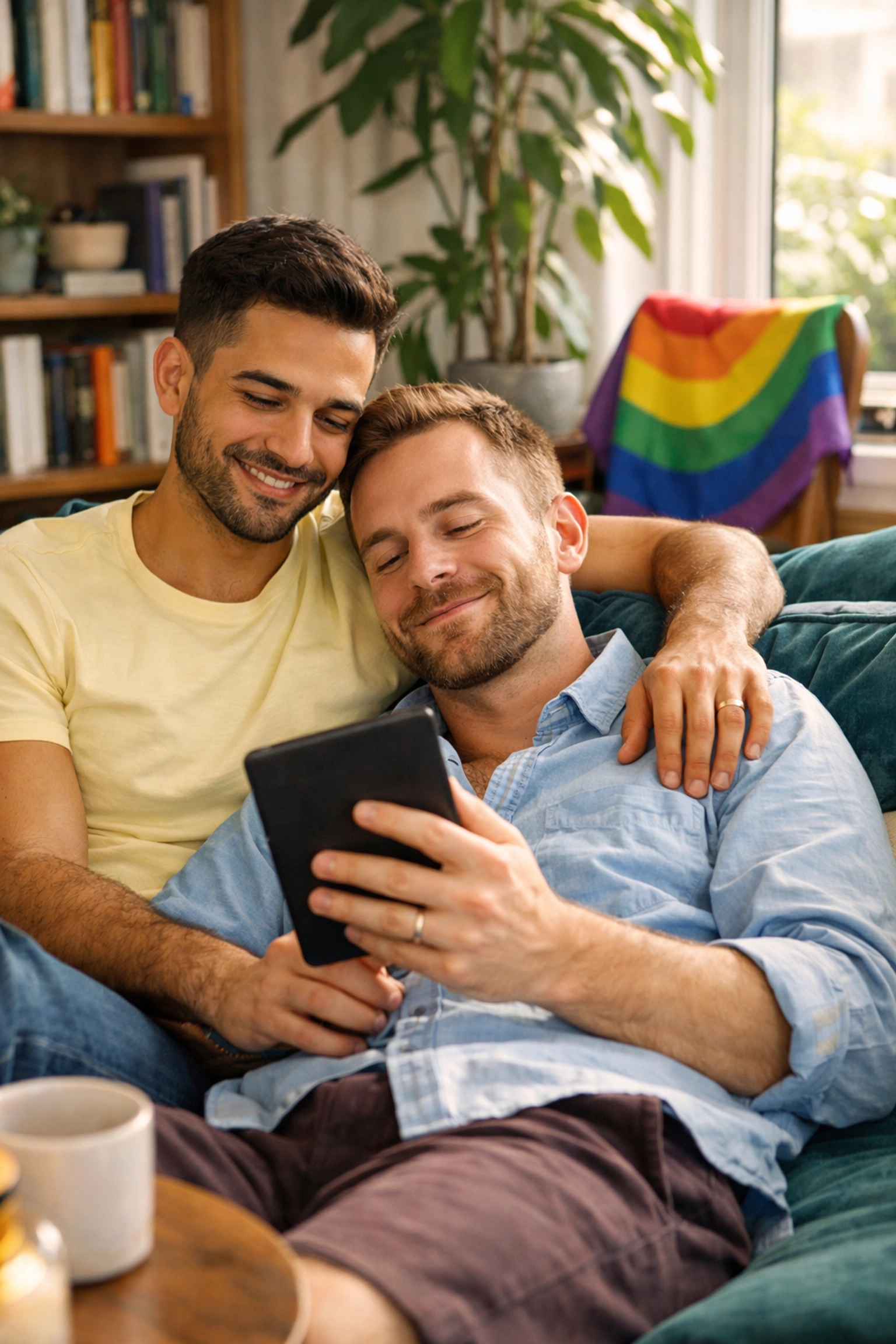 A gay couple relaxes on a sofa reading an LGBTQ+ ebook in a bright, modern apartment.