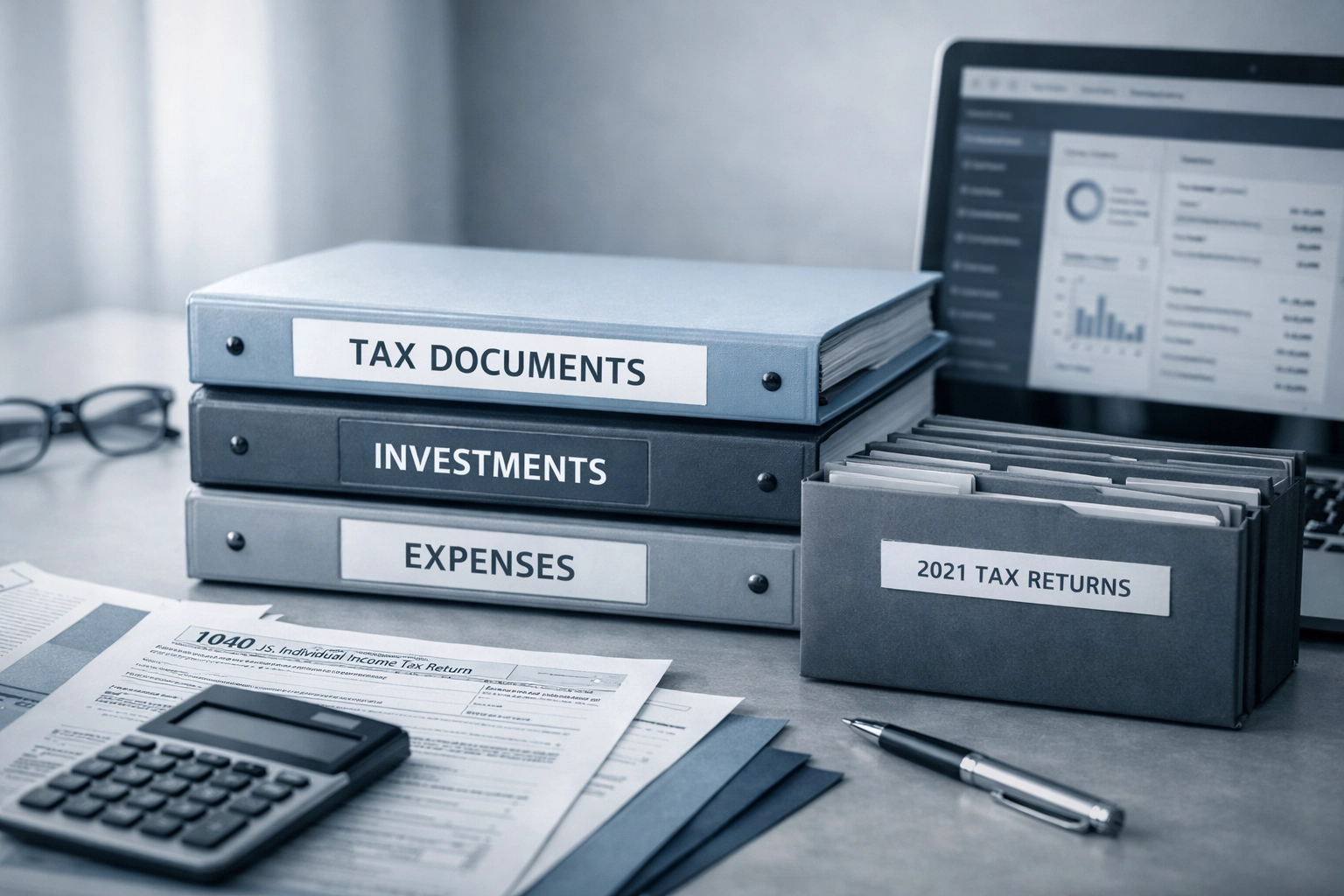 Organized tax documents and bookkeeping folders prepared for tax season