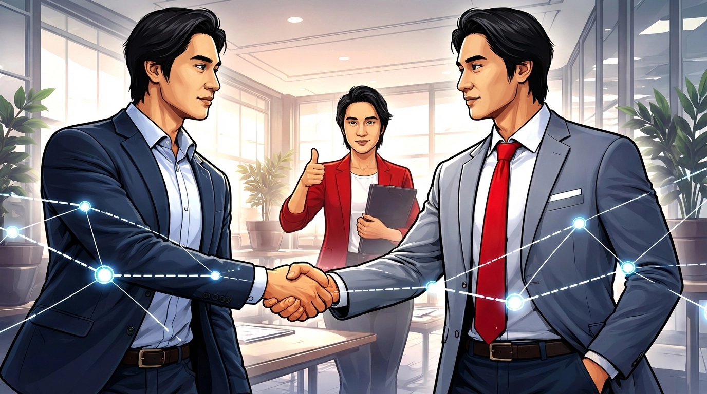 Business professionals exchanging referrals in a modern office, illustrating lead generation and relationship building for small businesses