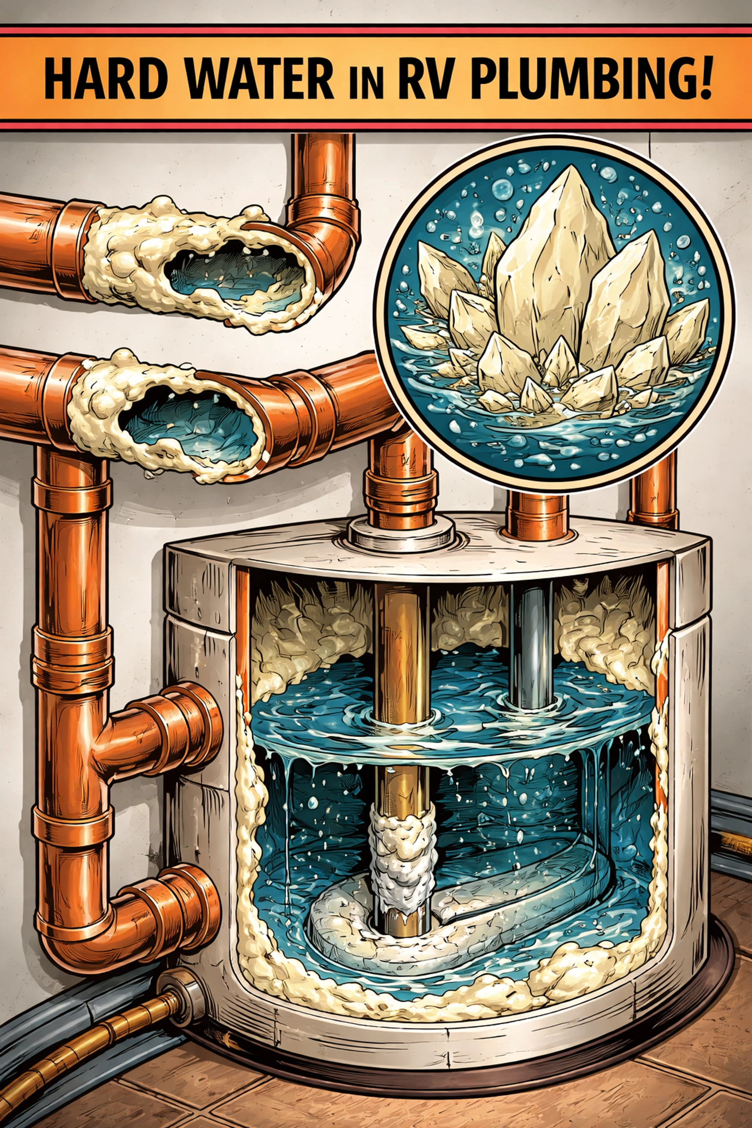 Illustration of hard water scale and mineral deposits inside RV pipes and water heater tank