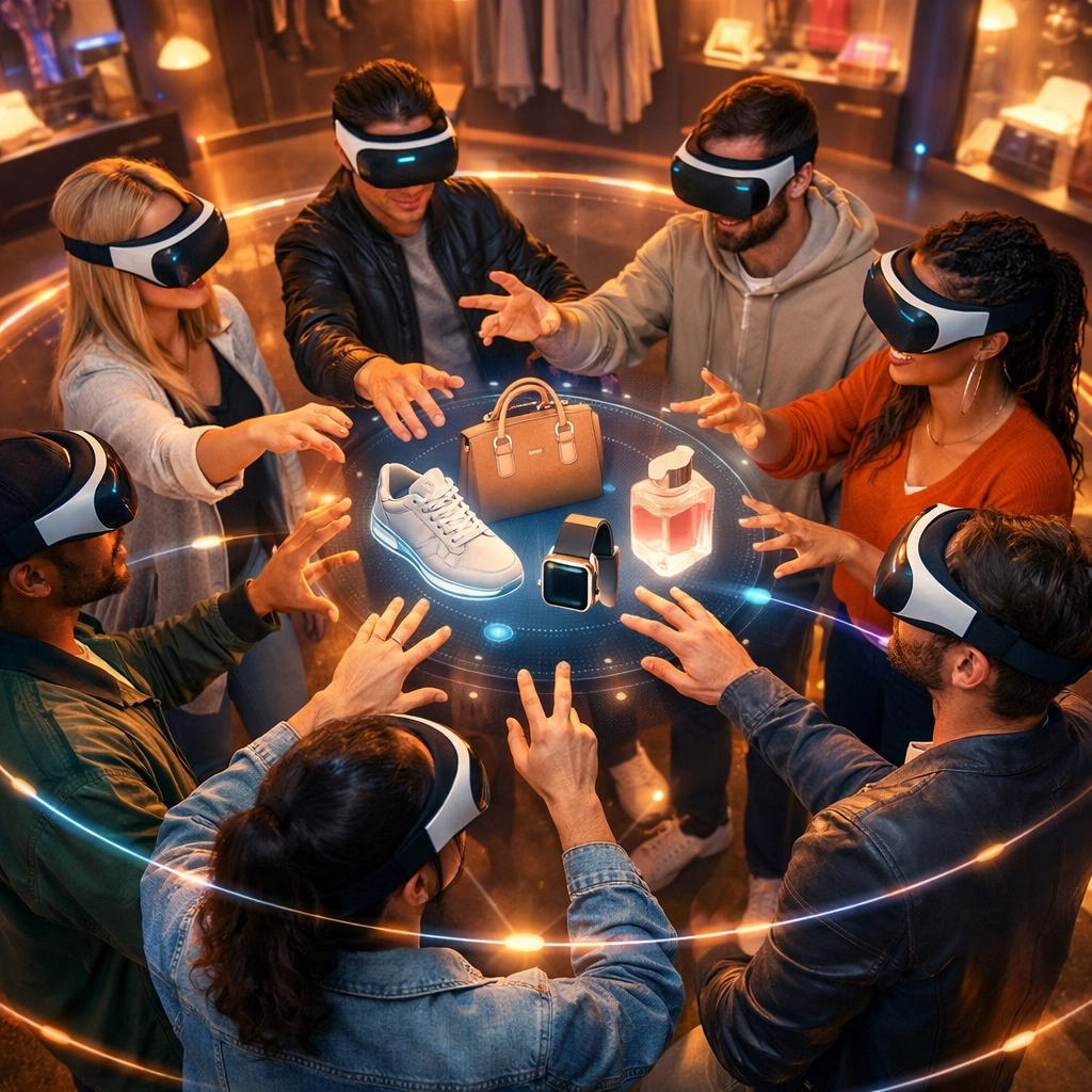Shoppers wearing VR headsets interact with products in metaverse virtual showroom