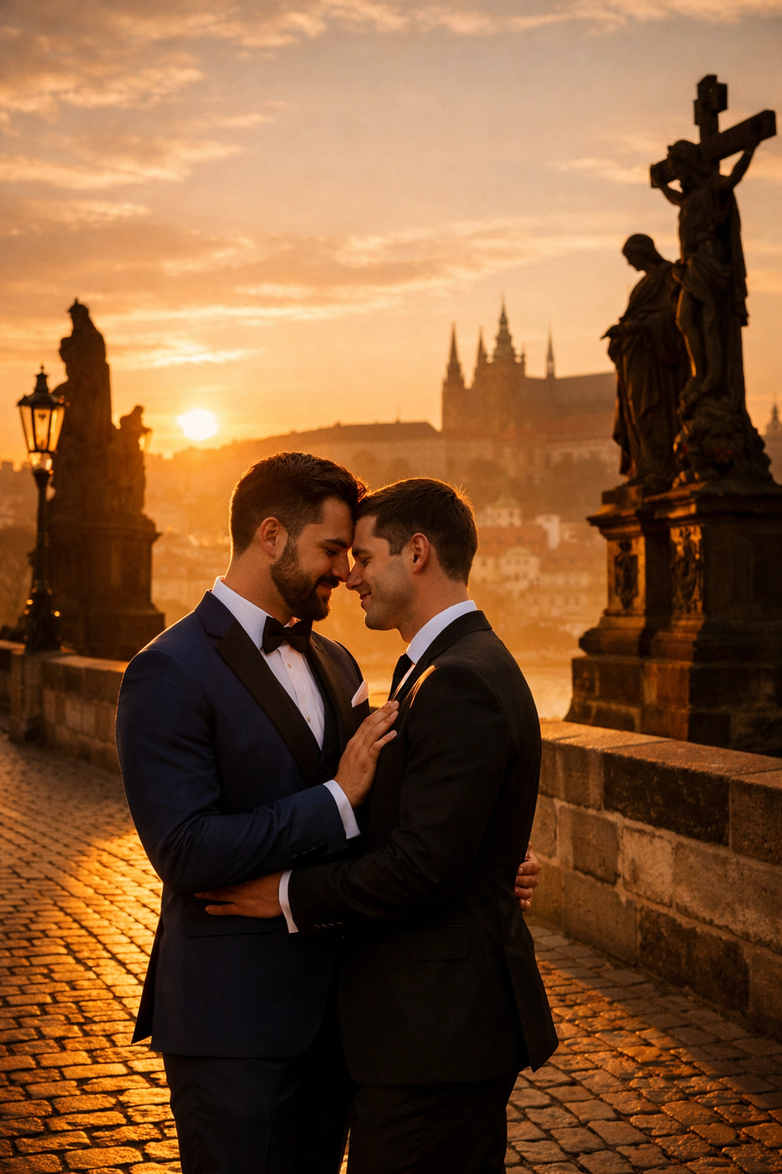 Two grooms on Prague's Charles Bridge at sunset with Gothic castle backdrop