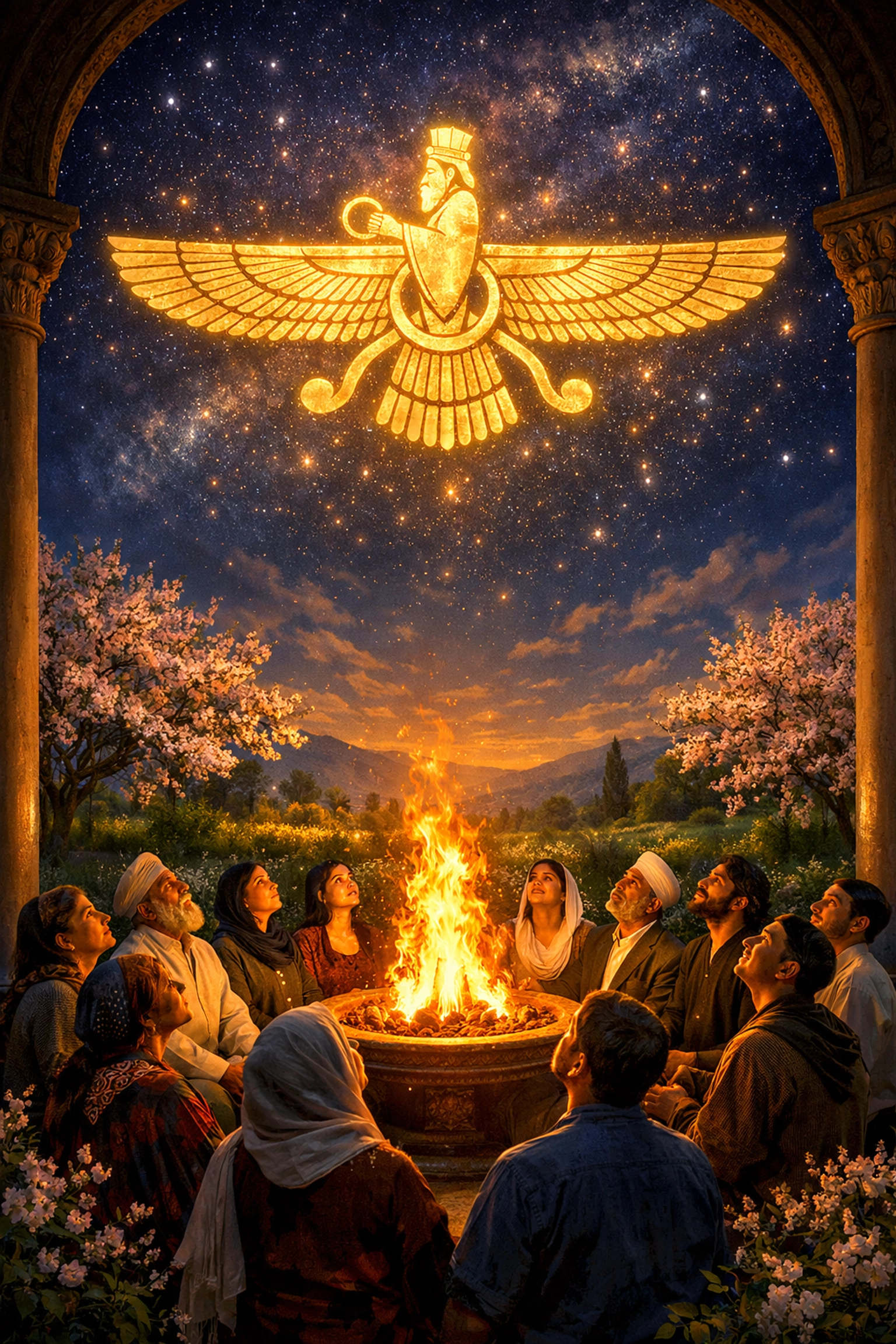 Spiritual depiction of Fravashis protection with a golden Faravahar and people praying near a sacred fire.