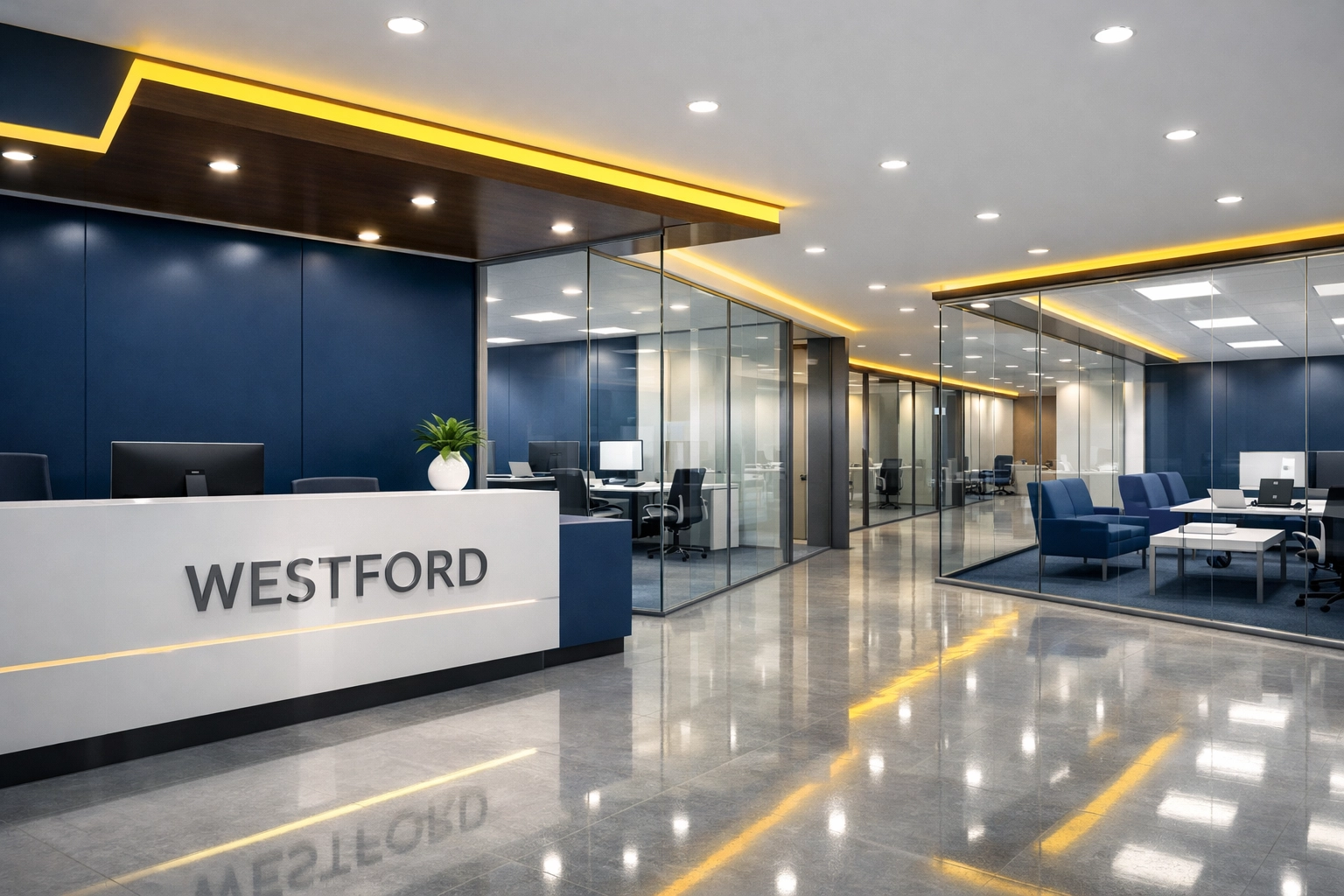 Modern Westford office space following professional commercial and office cleaning services.