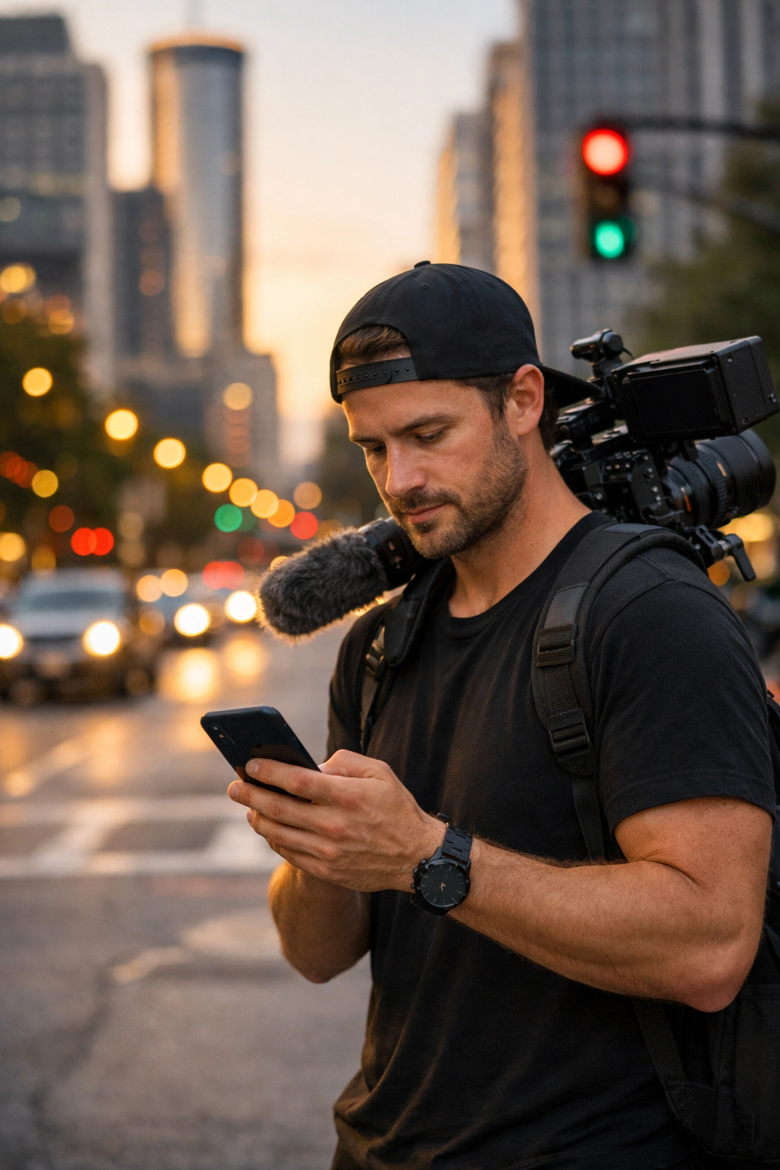 Videographer managing client bids in downtown Atlanta, showcasing the best photography locations for pros on the go.