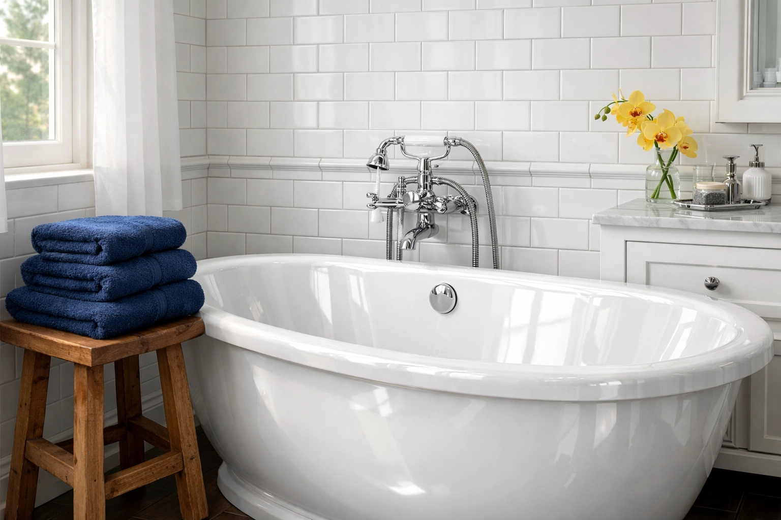 Sparkling clean bathroom with a polished white tub and tiles, ready for new residents in Fitchburg, MA.
