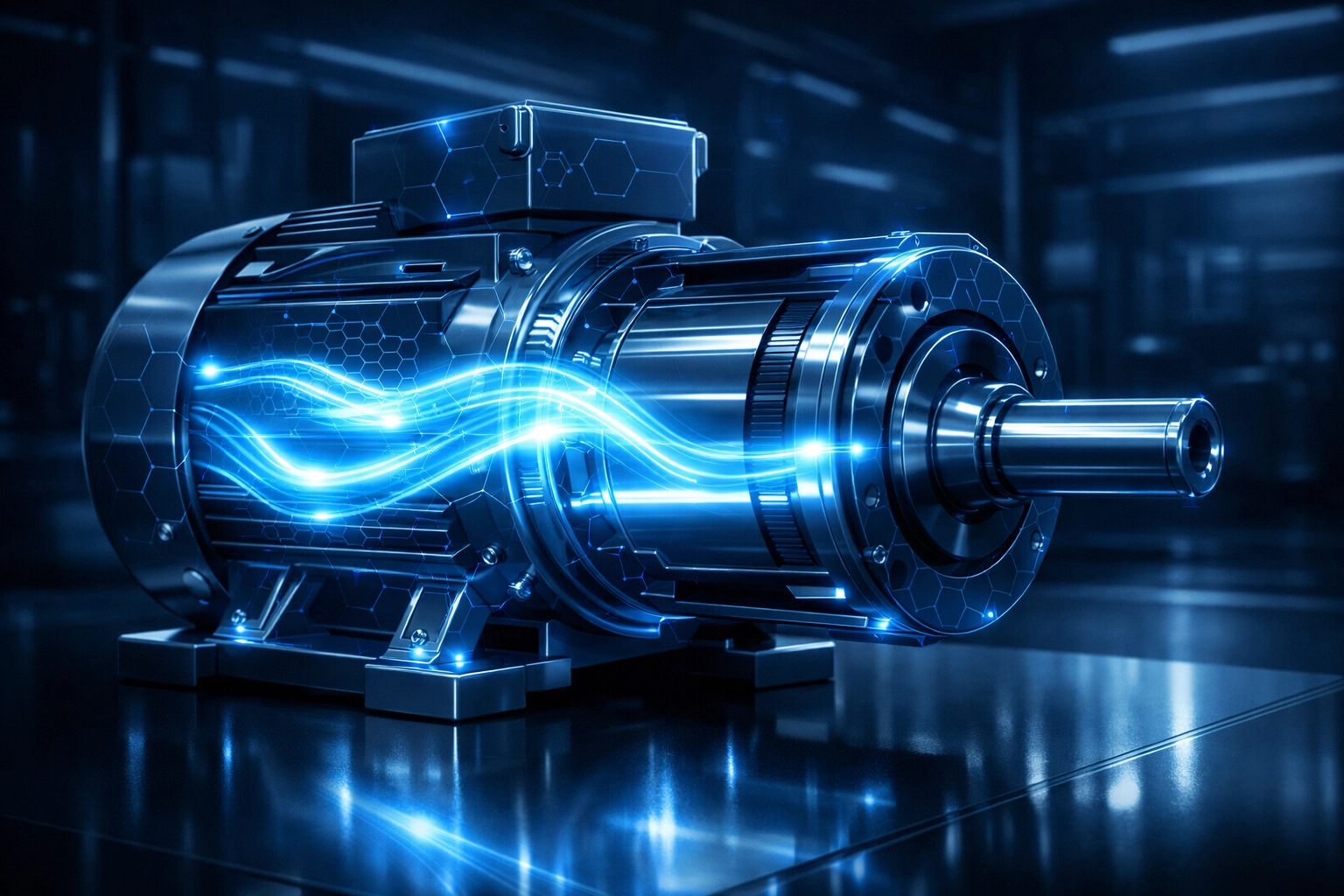 Industrial motor with glowing energy flow lines illustrating AI-driven energy management and operational efficiency.