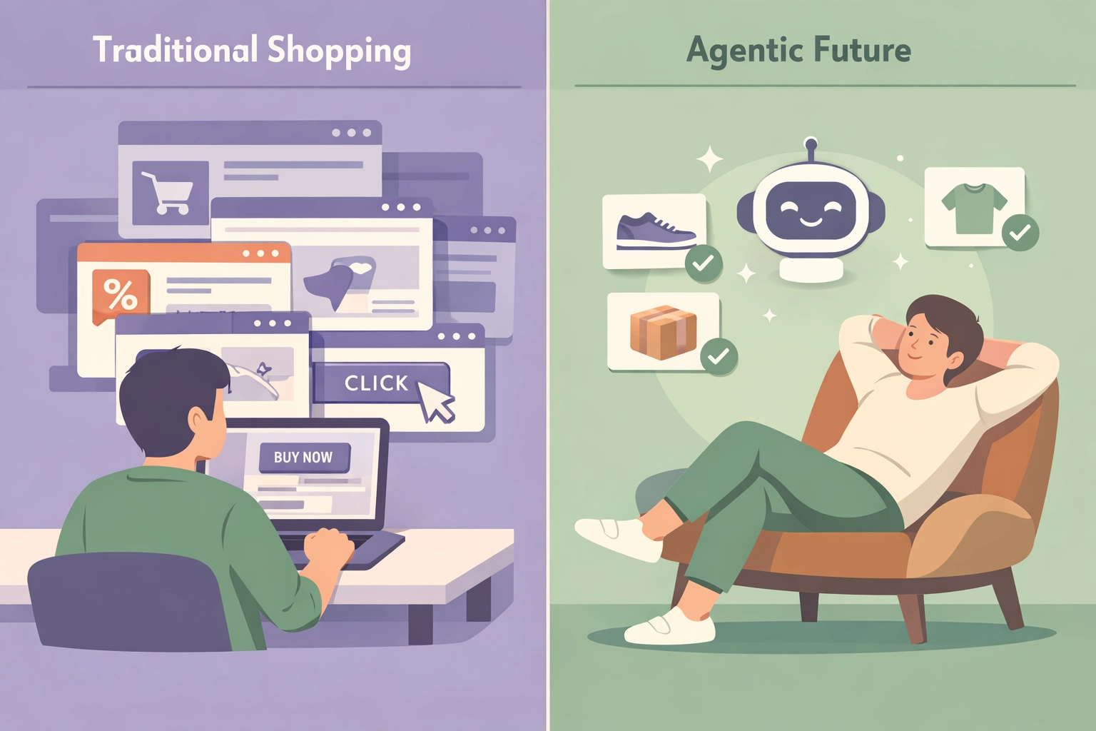 Comparison of traditional online shopping versus AI-powered agentic commerce shopping