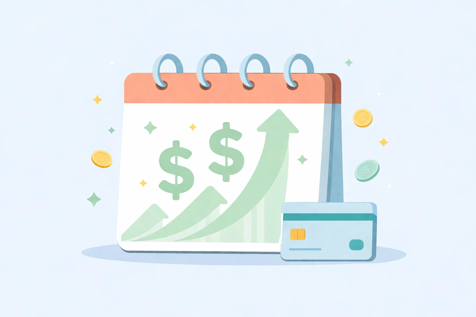 Ilustración de calendario y flechas hacia arriba, simbolizando pagos frecuentes para subir el puntaje de crédito rápido