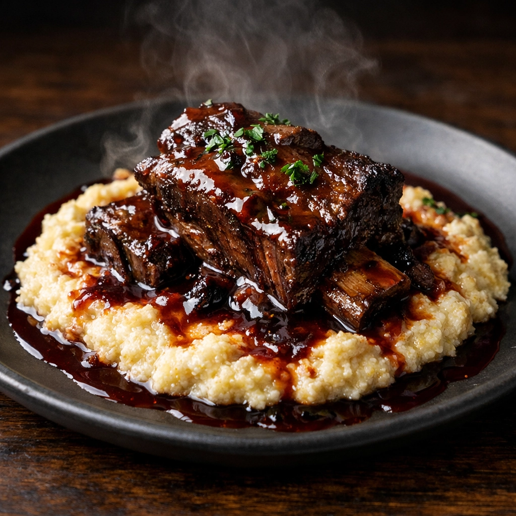 Signature Southern braised short ribs and grits, a gourmet dish prepared by a professional personal chef service.