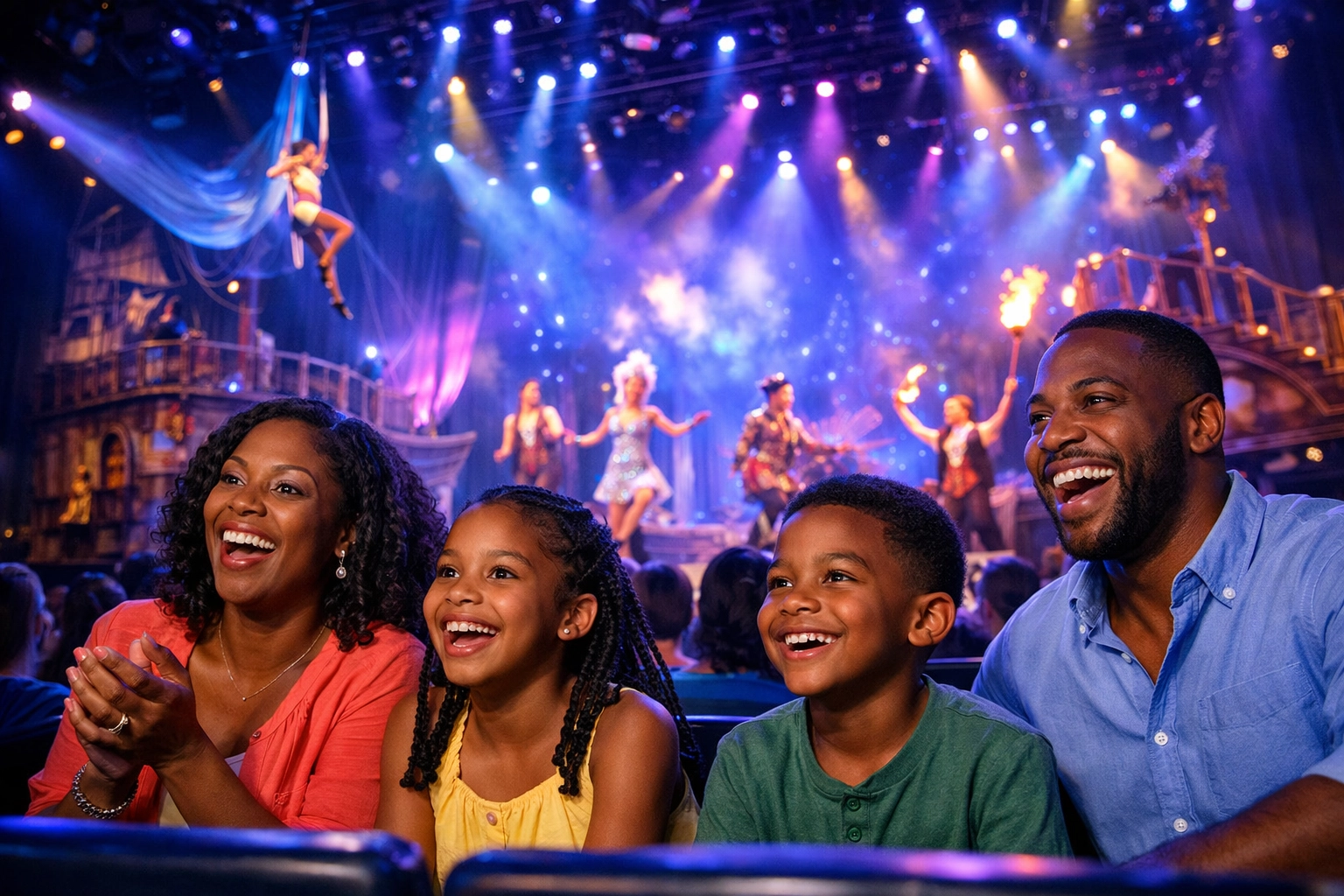 Family watching Broadway-style theatrical performance on Disney cruise ship