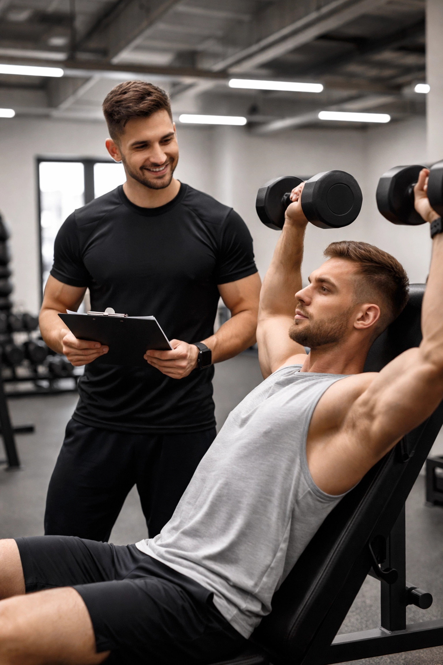 Personal trainer coaching client through a structured workout, illustrating business coaching for contractors.