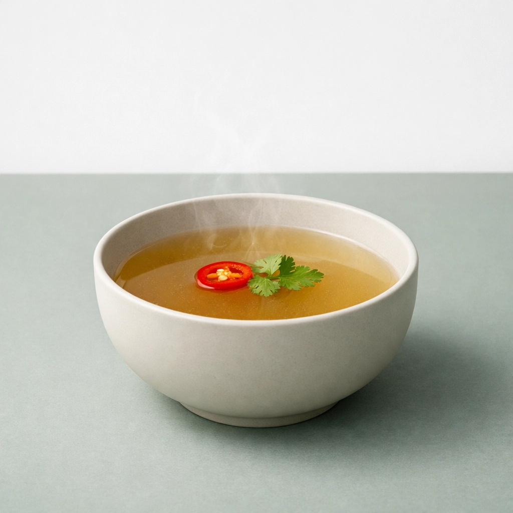 Warm golden bone broth in a minimalist bowl, promoting better digestion and satiety in the morning.