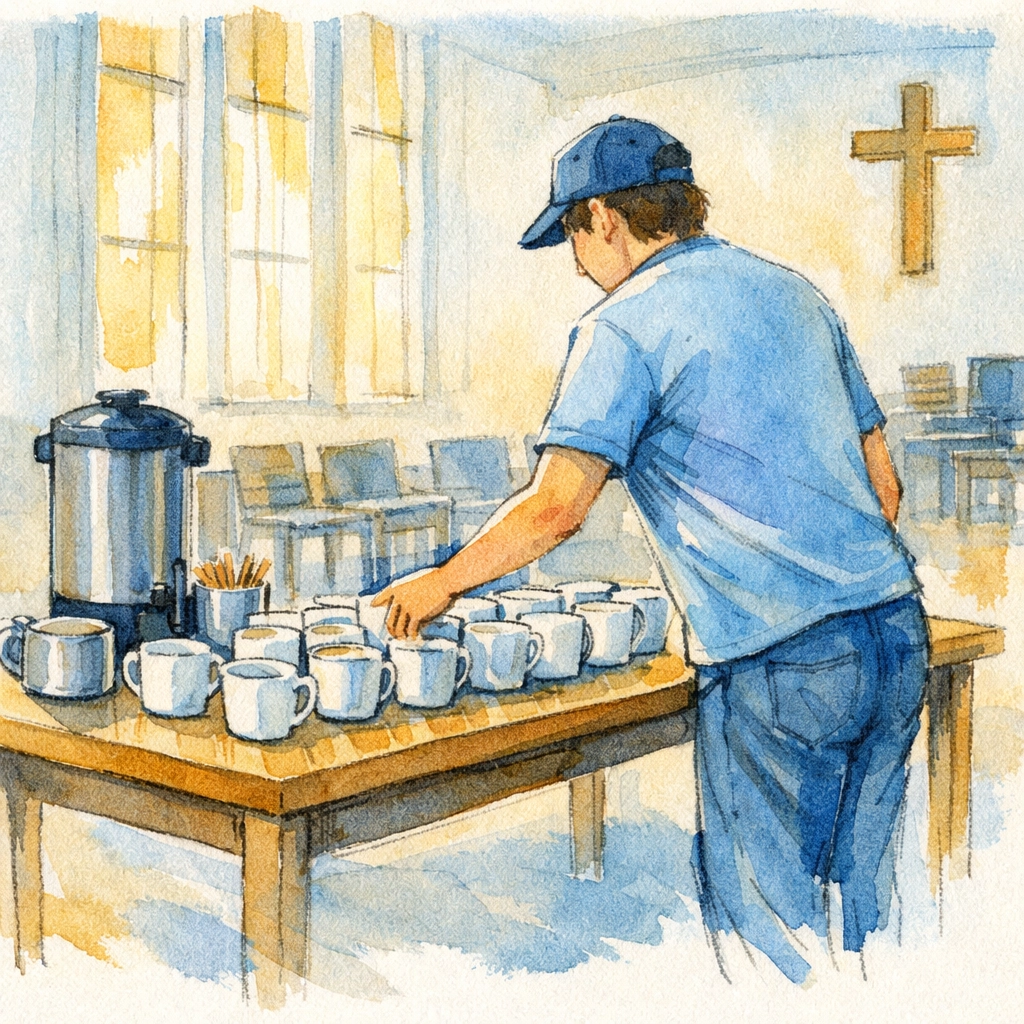 Church volunteer preparing coffee cups in fellowship hall before service