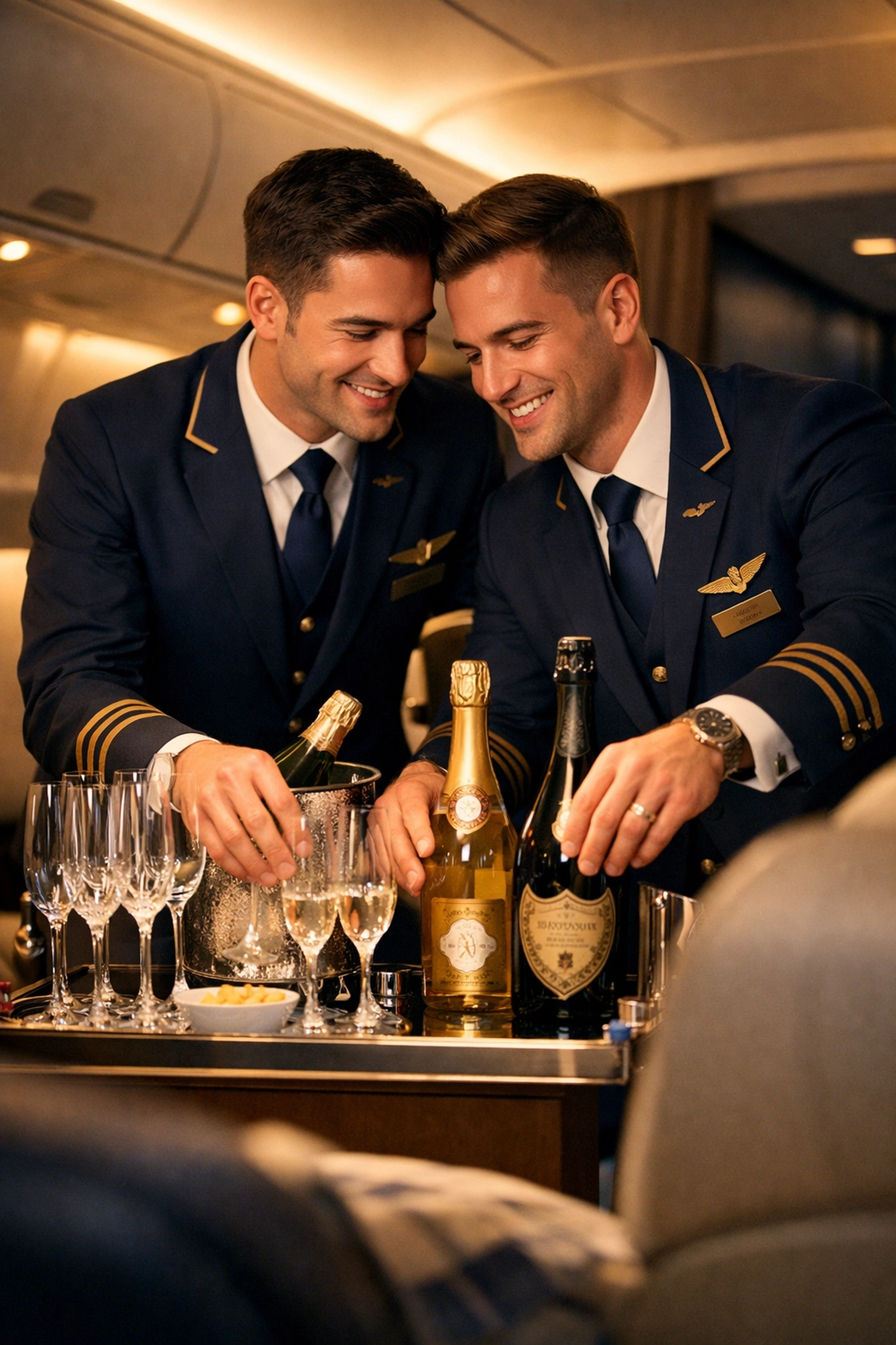 Gay stewards preparing luxury champagne service in first class cabin