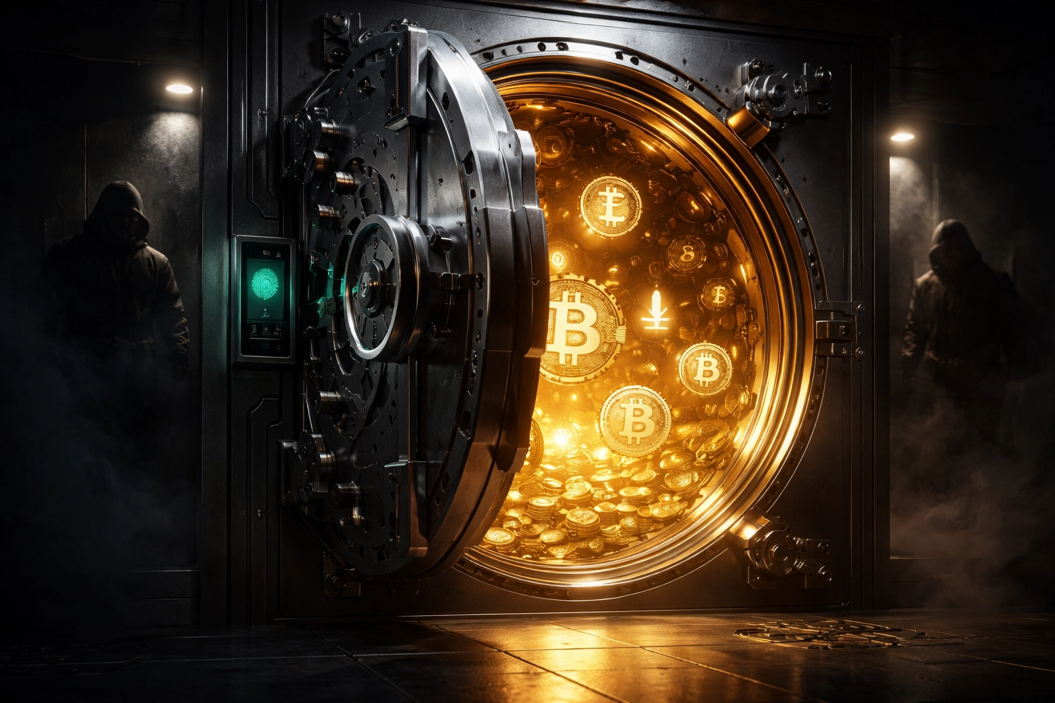 Secure vault with digital tokens showing crypto custody and security risks in institutional asset management