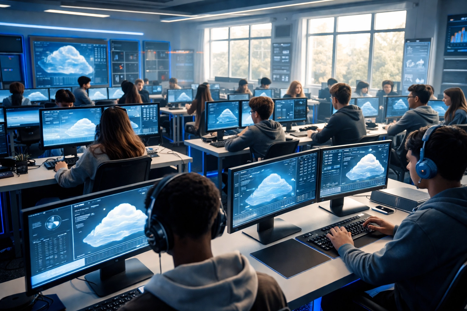 Modern high school esports lab with diverse students at cloud-powered stations, illustrating future-ready education.