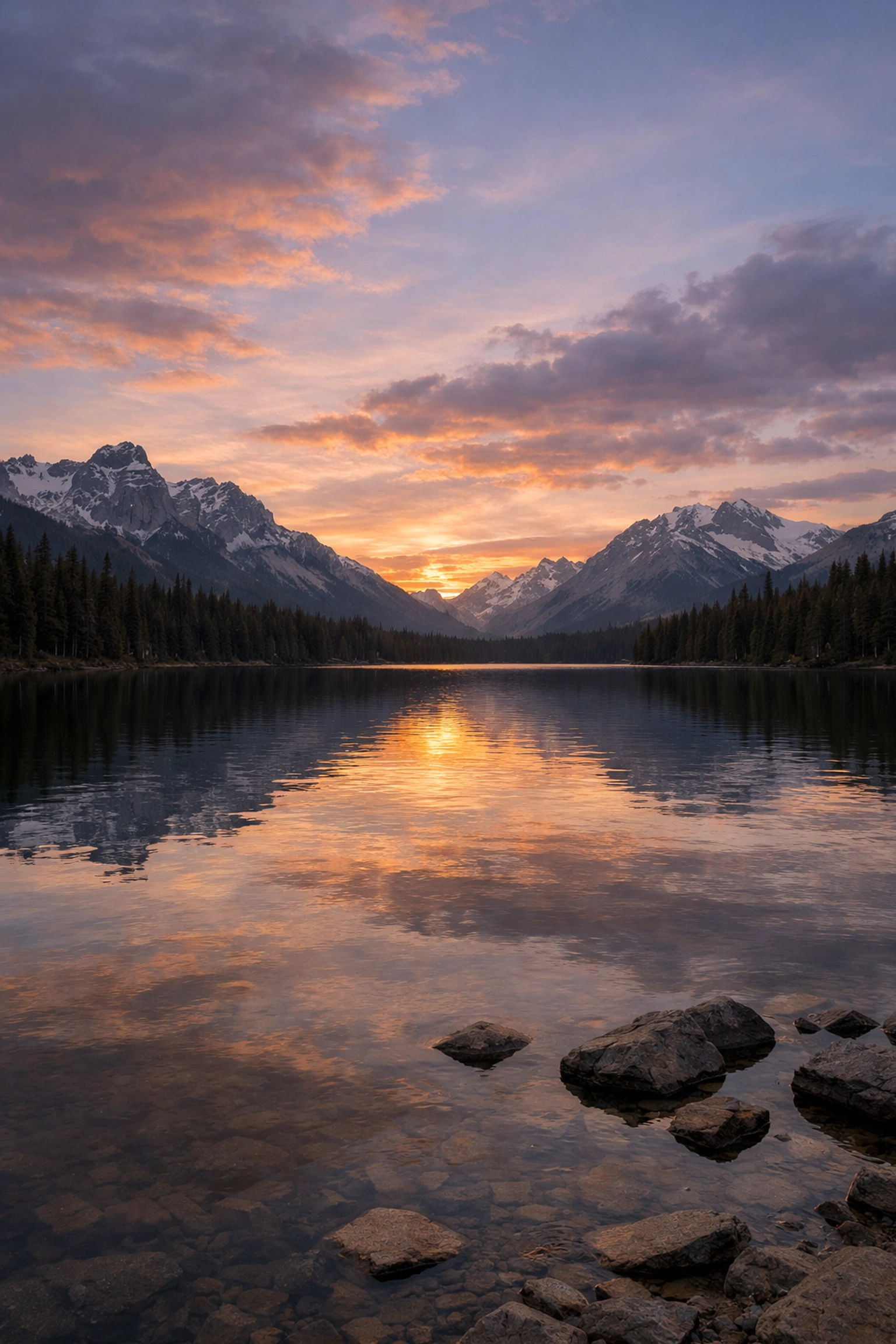 Natural landscape photography of an alpine lake with realistic sunset colors reflecting in the water.