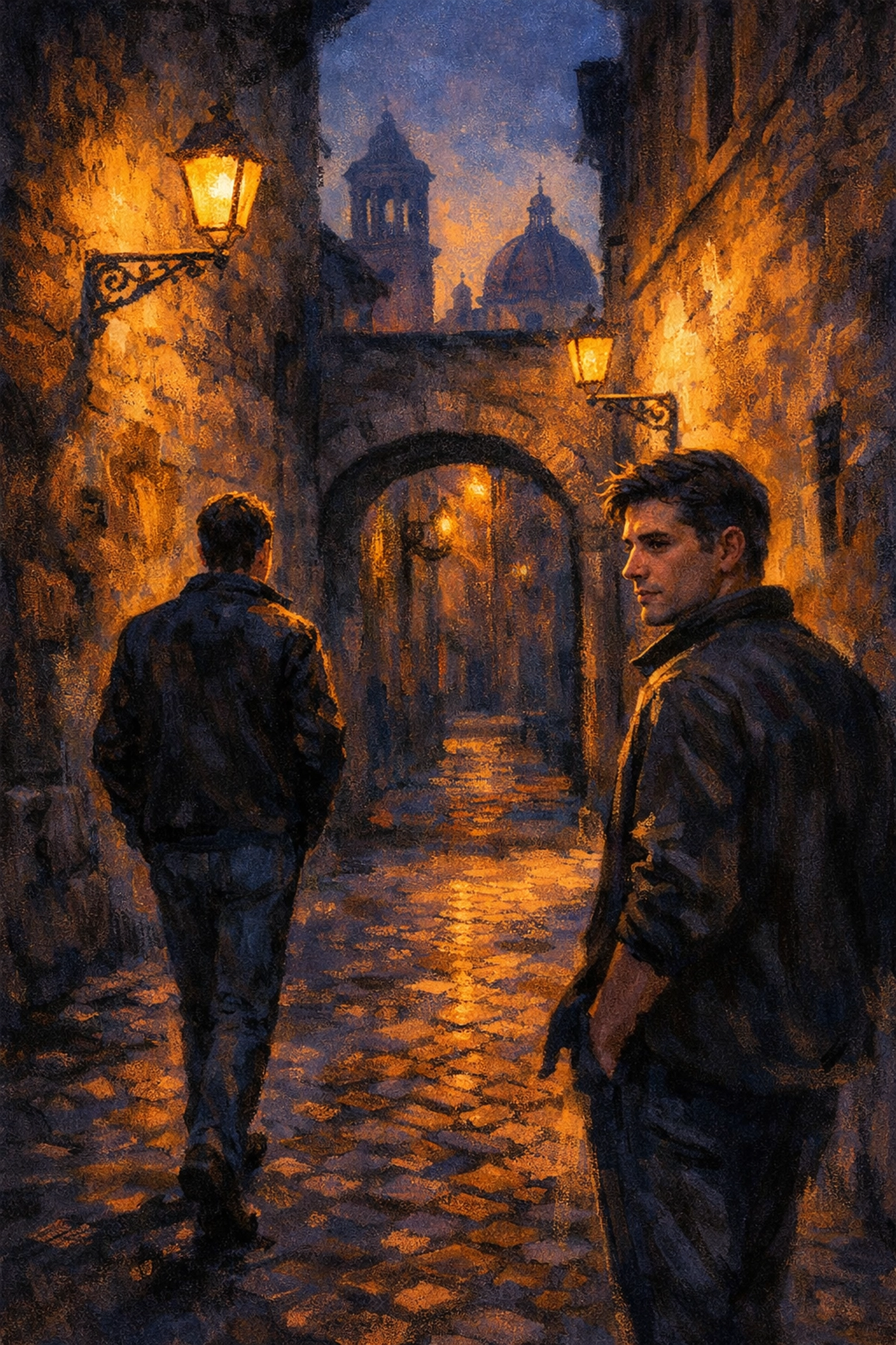 Gay men walking separately through Roman alley - secret MM romance in Catholic Rome