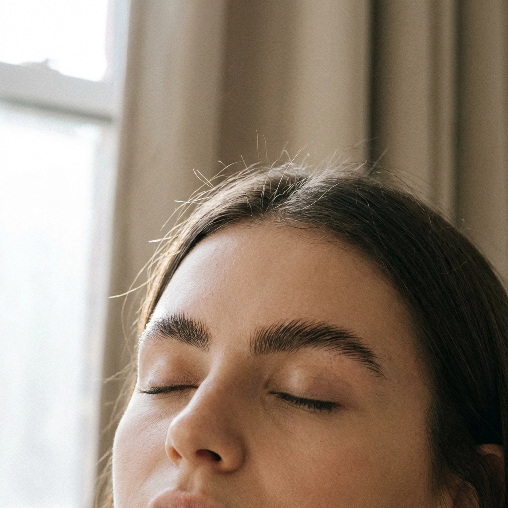 Γυναίκα με φυσικά πυκνά φρύδια μετά από brow lamination σε φυσικό φως, πριν και μετά από διορθωτικές υπηρεσίες στην Παιανία