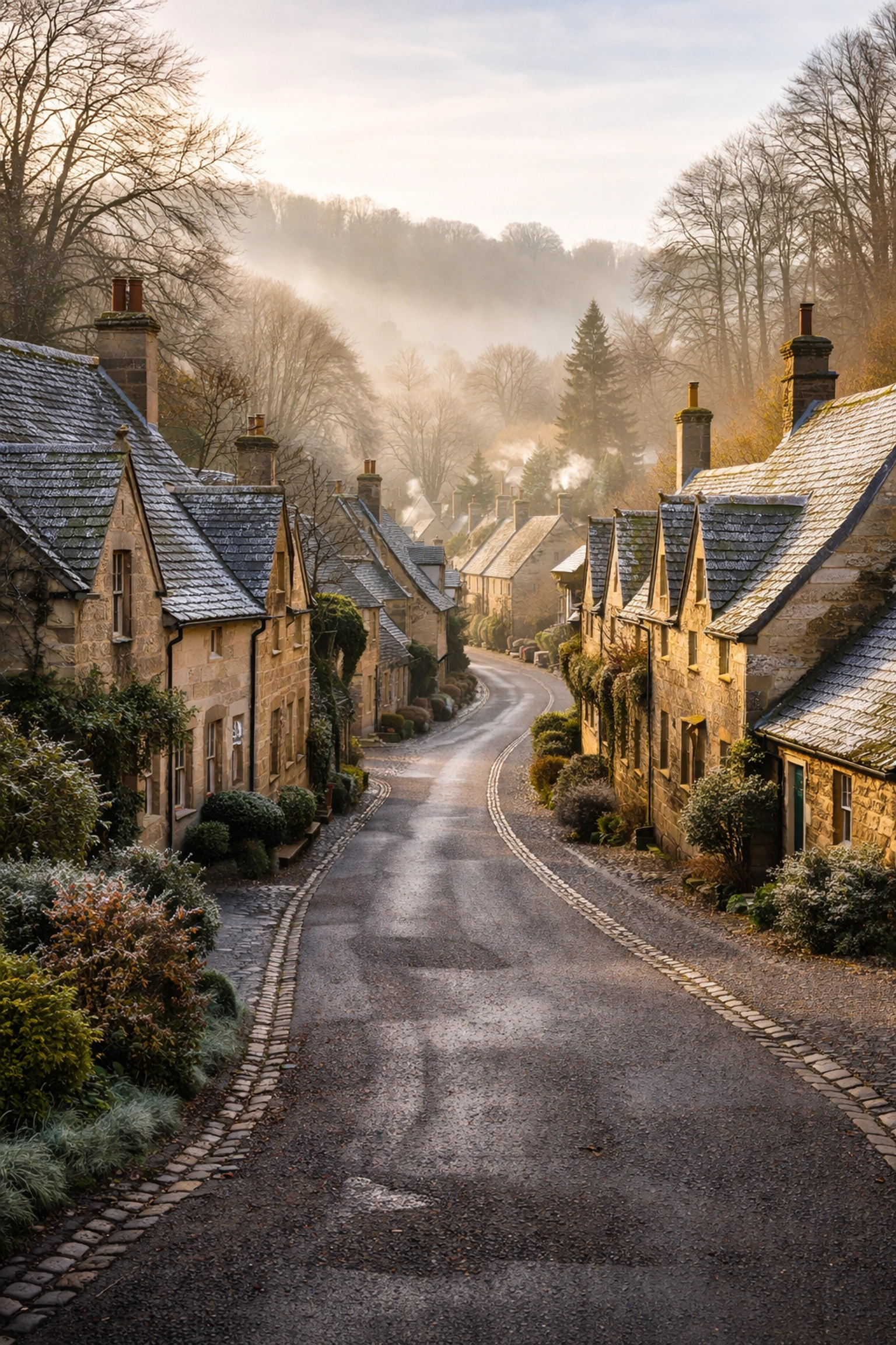 Misty February morning in a quiet Cotswolds village with frost-touched cottages and empty cobblestone lane