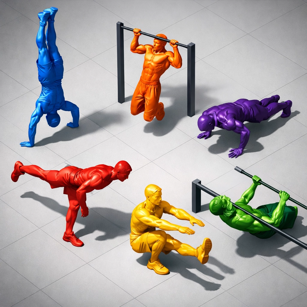 Six fundamental bodyweight movement patterns including pull-ups, push-ups, and pistol squats