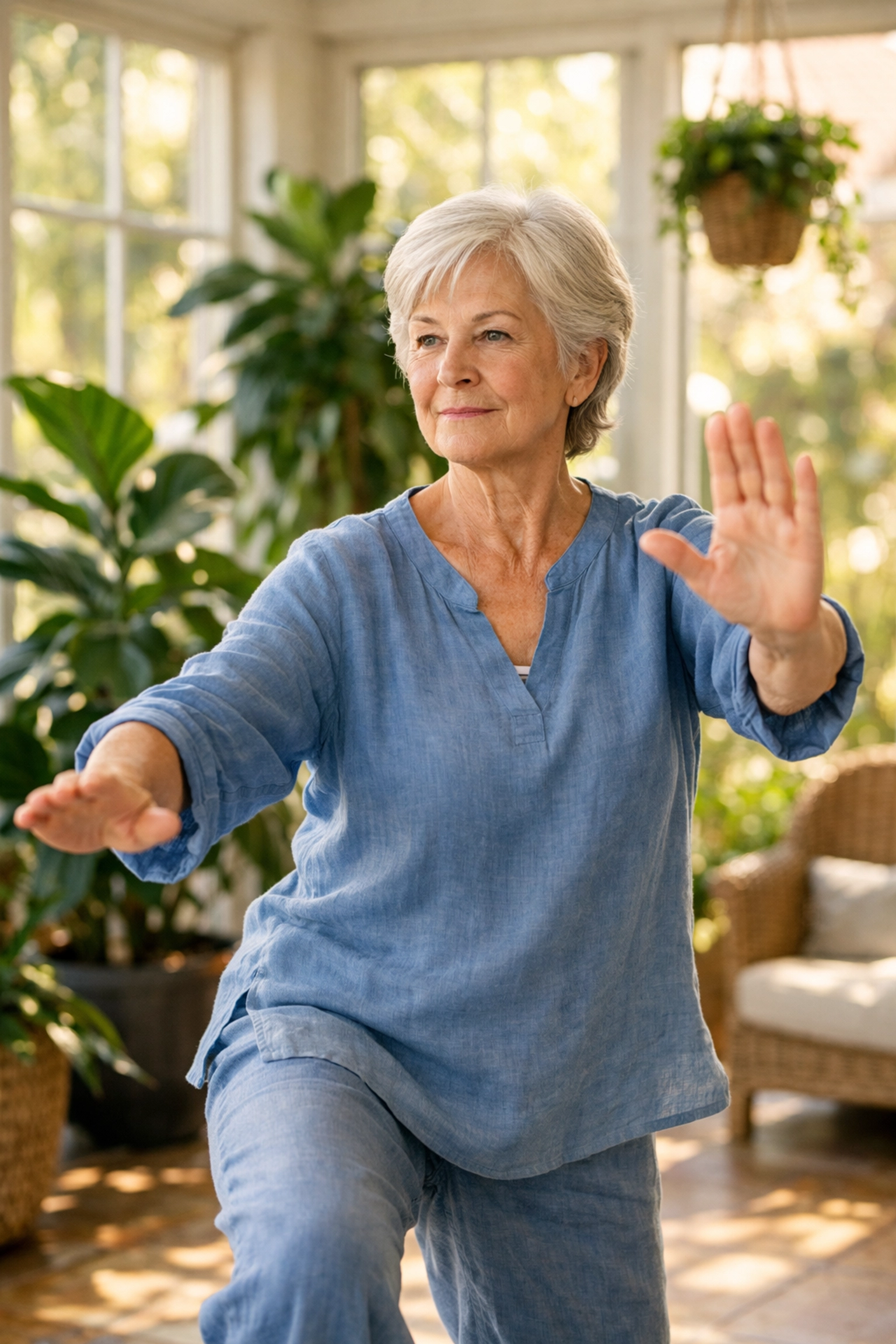 An active senior woman practicing Tai Chi balance exercises in a sunlit room to improve stability and strength.
