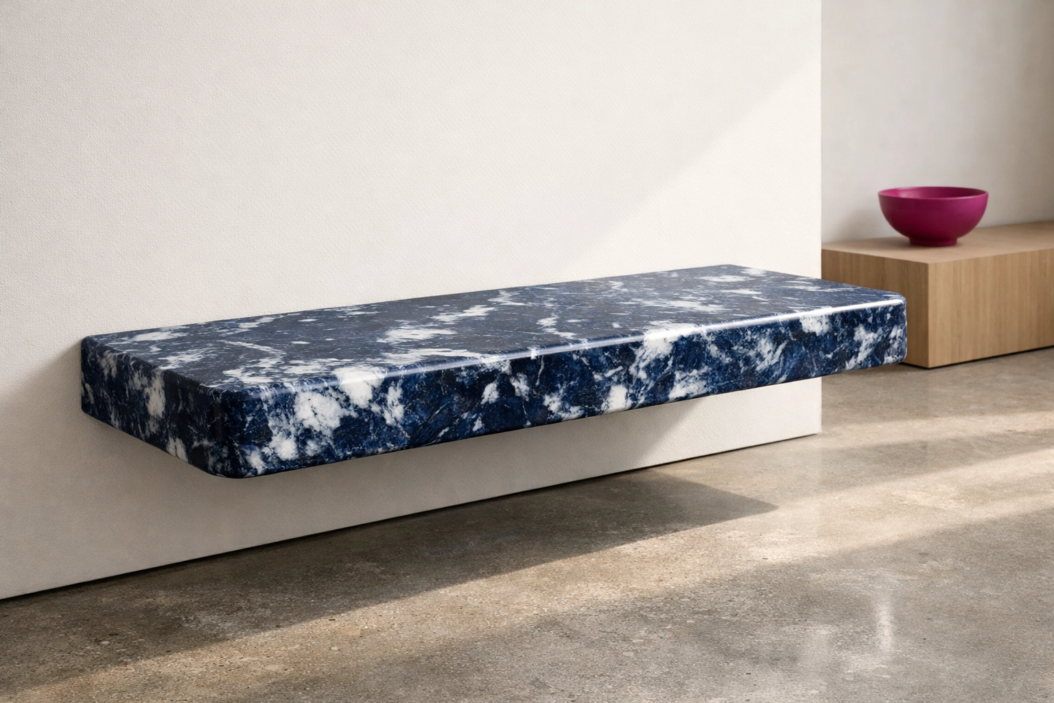 Modern floating bench crafted from marbled recycled plastic sheets for sustainable architectural design.