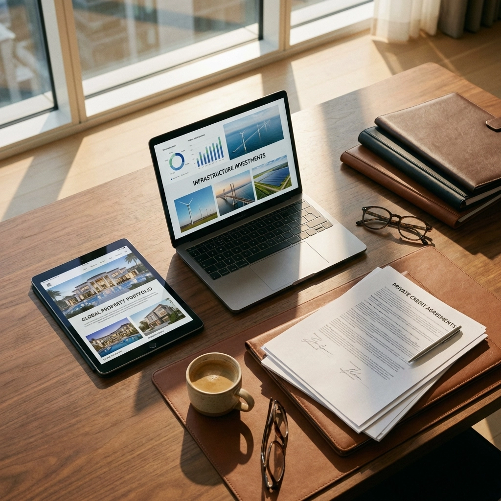 Investor's desk with real estate, infrastructure, and private credit tools emphasizes portfolio allocation research.