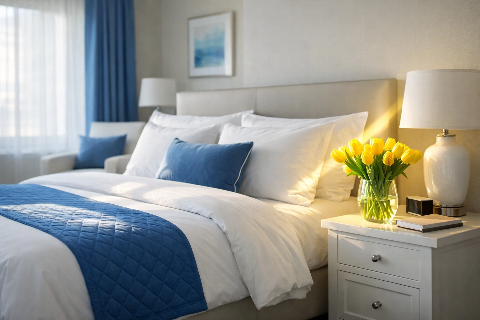 A tranquil, professionally cleaned bedroom in Wayland, MA, promoting a healthy home environment.