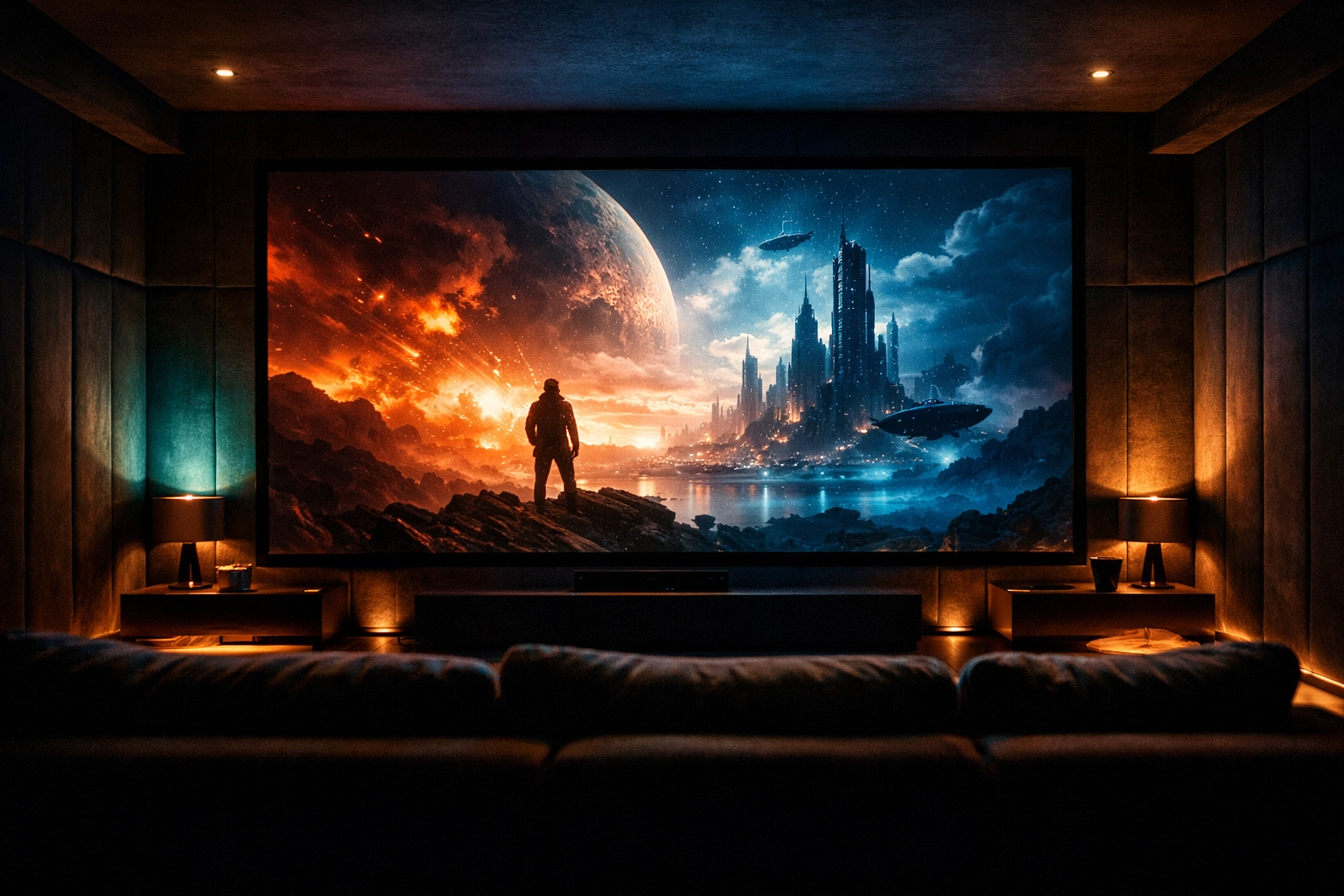 Large 4K display in a custom media room with dramatic accent lighting and acoustic panels.