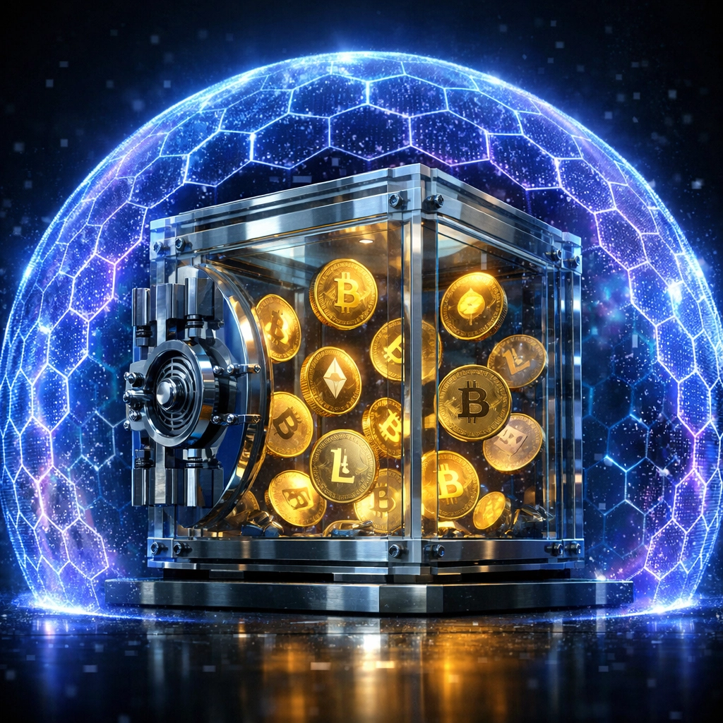 Secure cryptocurrency vault protected by blockchain shield representing instant settlement