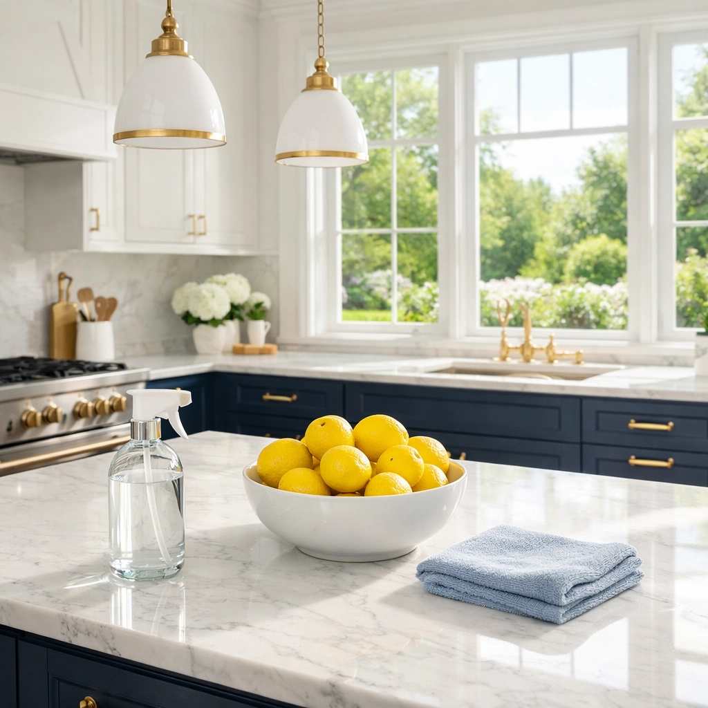 Pristine luxury kitchen in Andover with marble countertops and eco-friendly cleaning products on the center island.